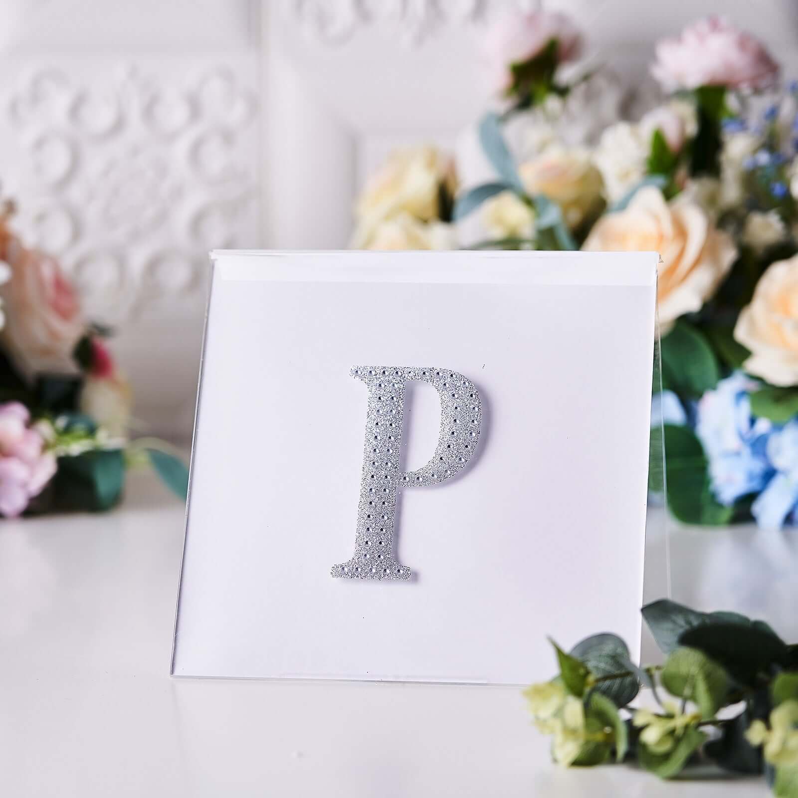 Decorative Rhinestone Alphabet "P" Letter Stickers 4", Silver Glitter Adhesive Craft Letters - DIY Sparkle Embellishments