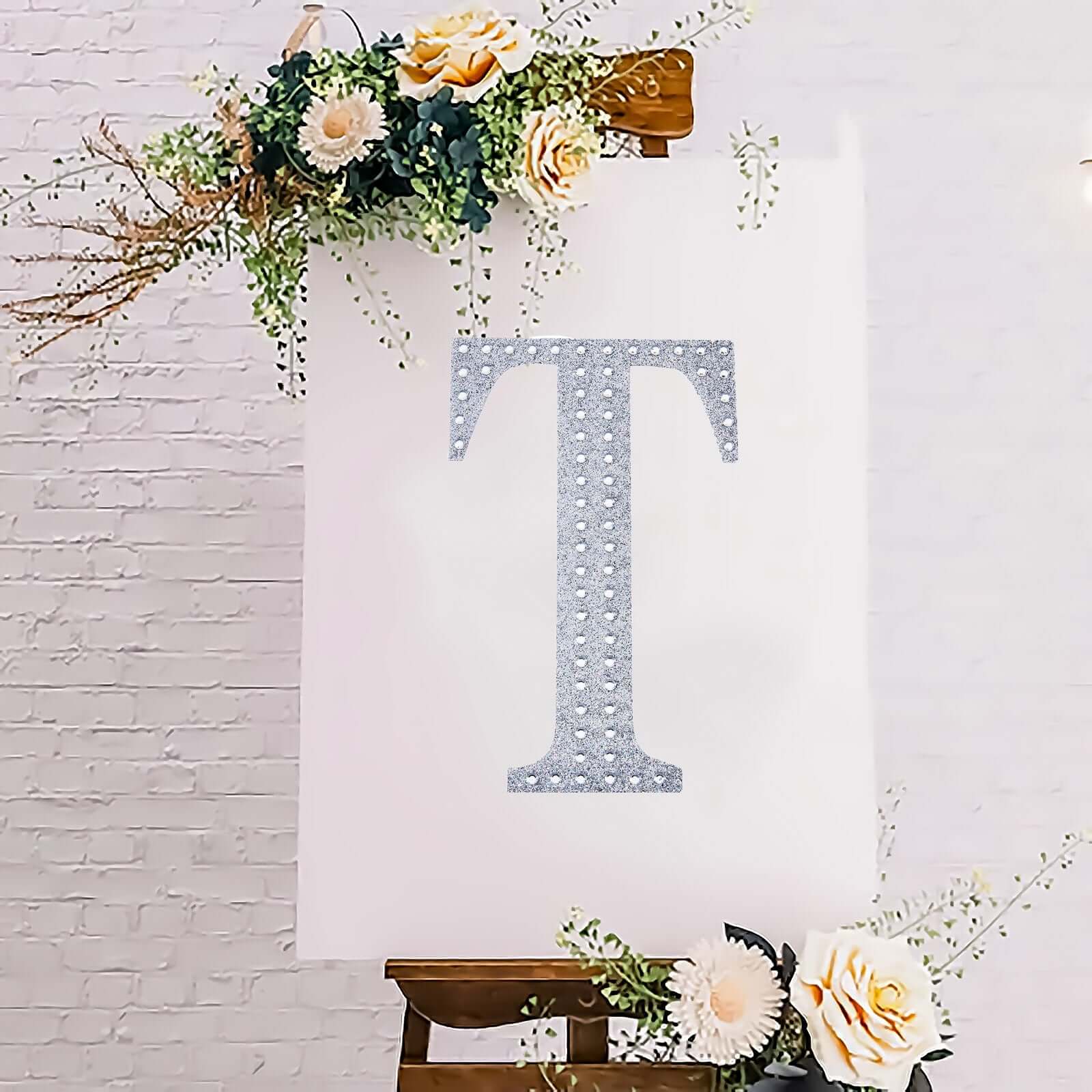 Decorative Rhinestone Alphabet "T" Letter Stickers 8", Silver Glitter Adhesive Craft Letters - DIY Sparkle Embellishments
