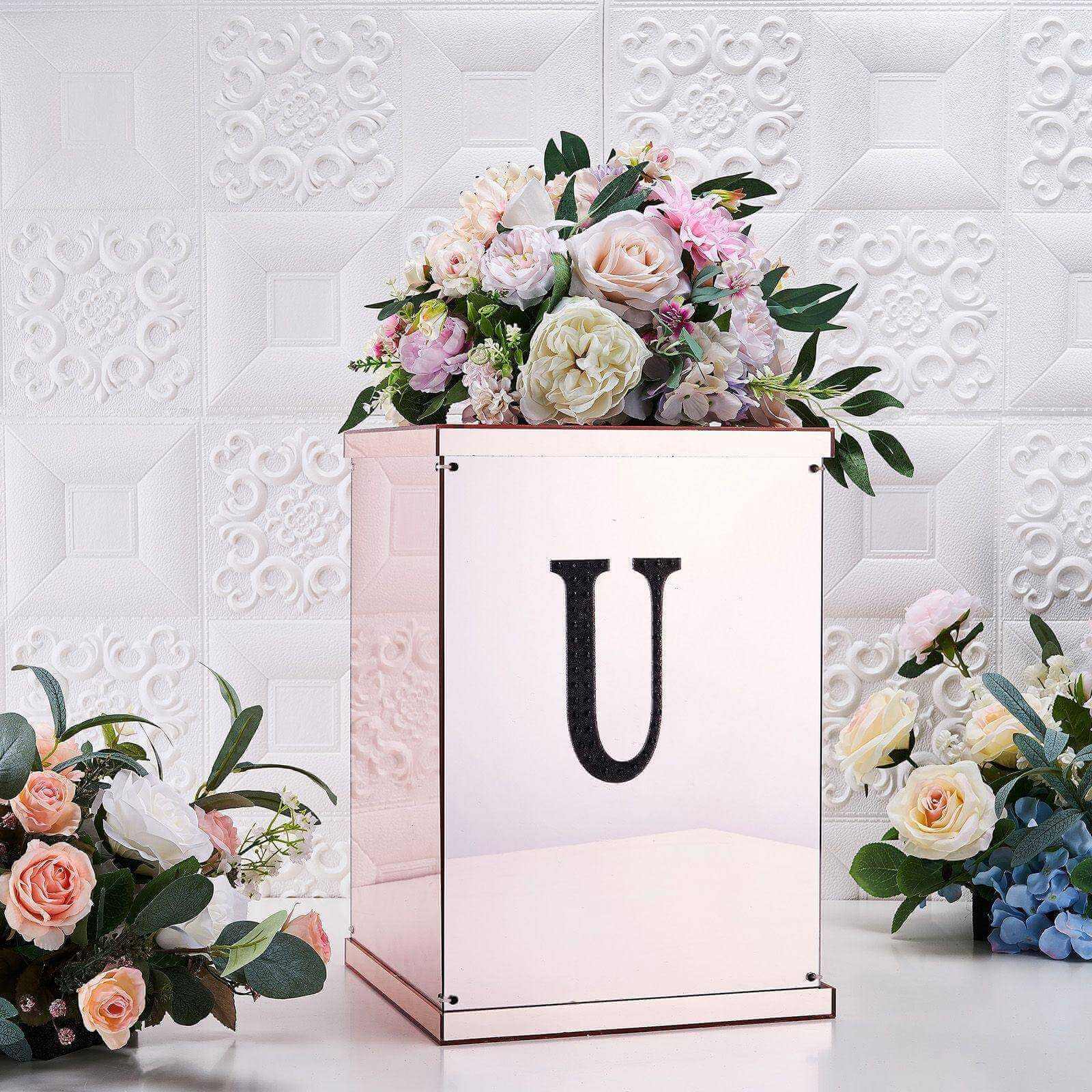 Decorative Rhinestone Alphabet "U" Letter Stickers 6", Black Glitter Adhesive Craft Letters - DIY Sparkle Embellishments
