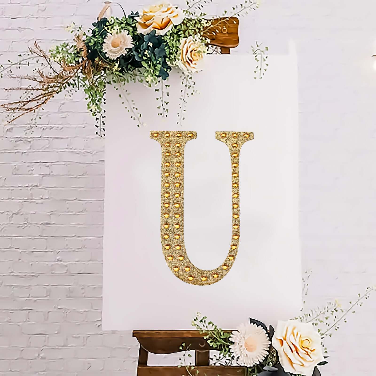 Decorative Rhinestone Alphabet "U" Letter Stickers 8", Gold Glitter Adhesive Craft Letters - DIY Sparkle Embellishments