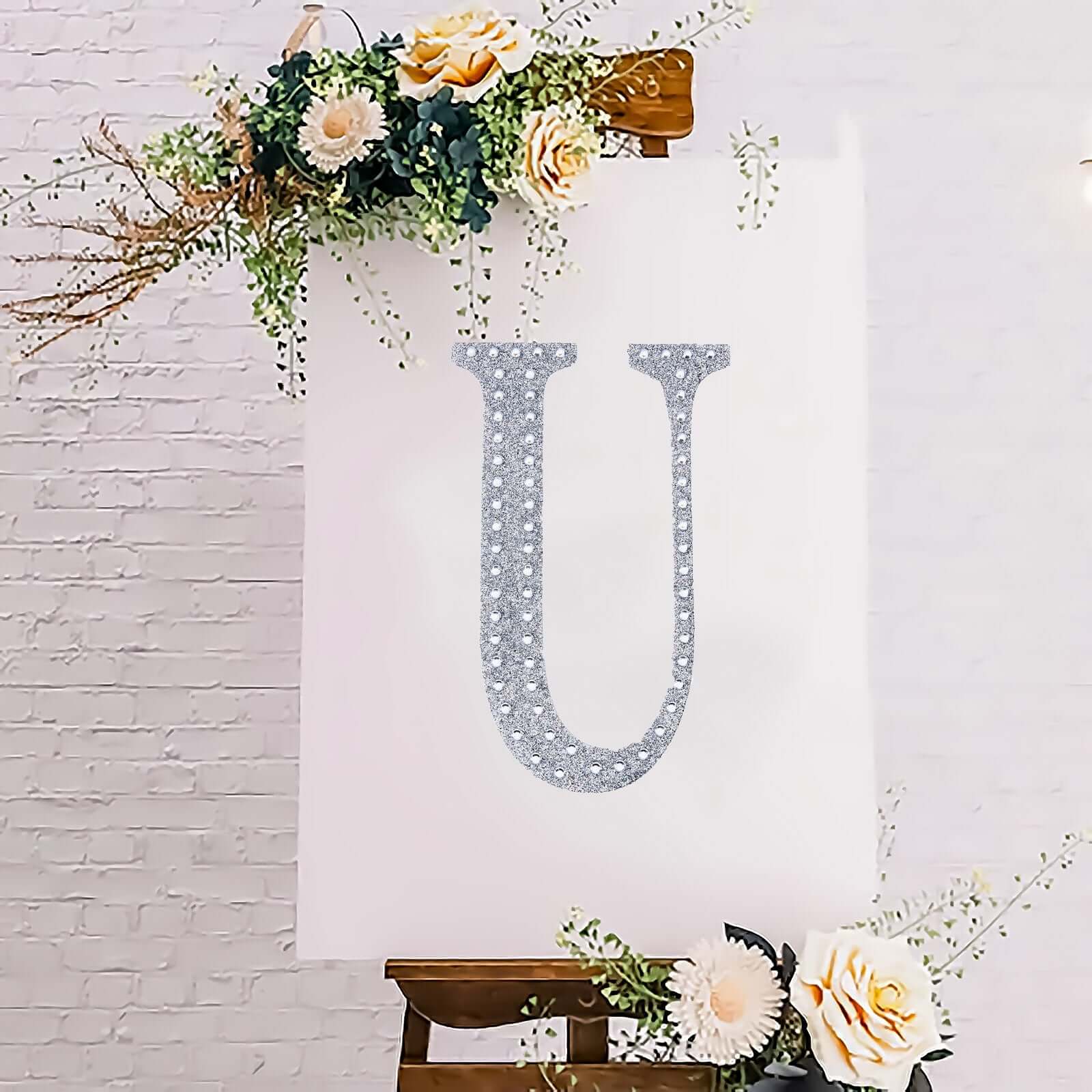 Decorative Rhinestone Alphabet "U" Letter Stickers 8", Silver Glitter Adhesive Craft Letters - DIY Sparkle Embellishments