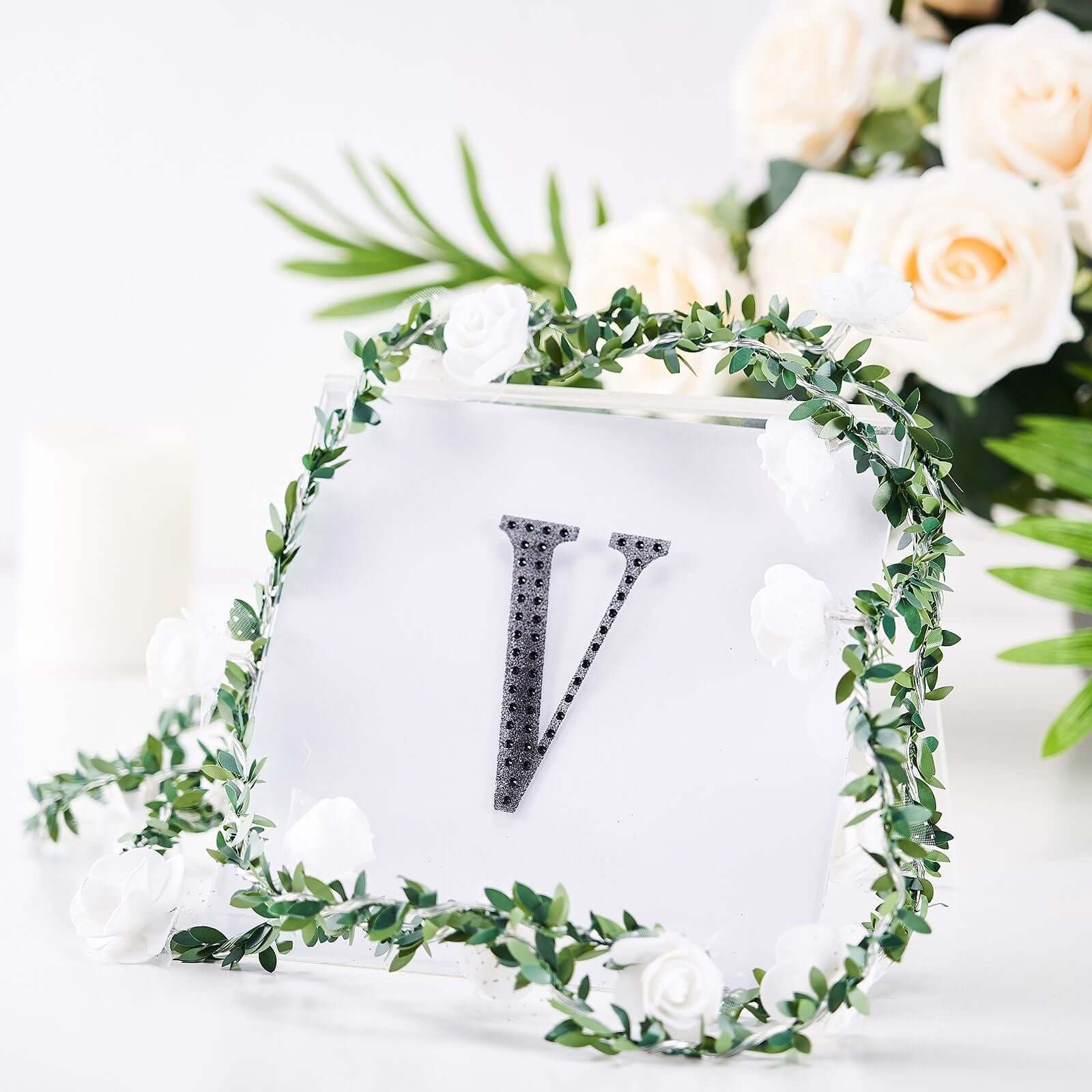 Decorative Rhinestone Alphabet "V" Letter Stickers 4", Black Glitter Adhesive Craft Letters - DIY Sparkle Embellishments - Image 2