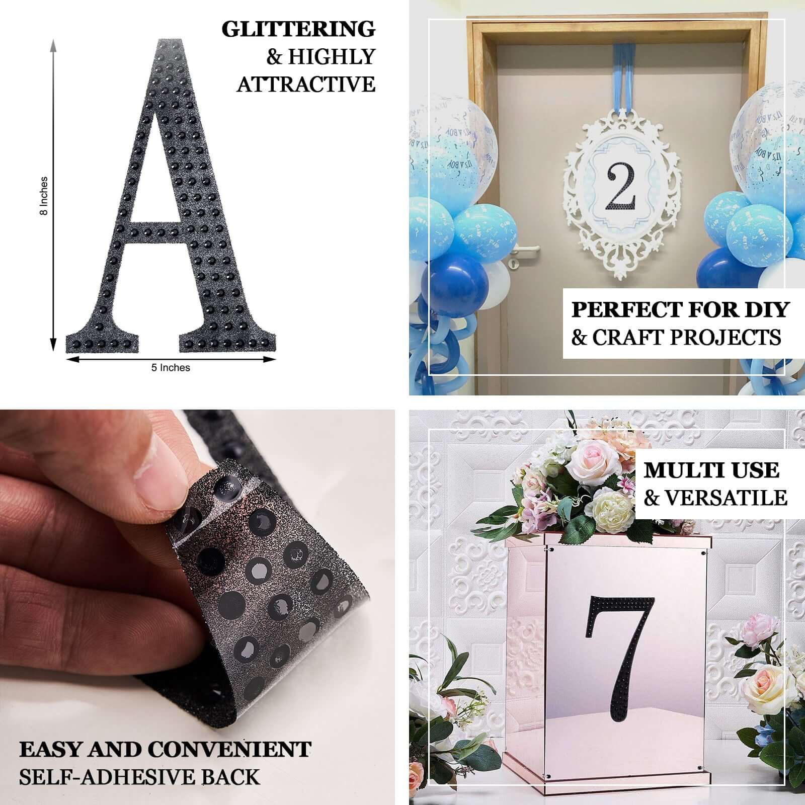 Decorative Rhinestone Number "0" Stickers 8", Black Glitter Adhesive Craft Numbers - DIY Sparkle Embellishments - Image 4