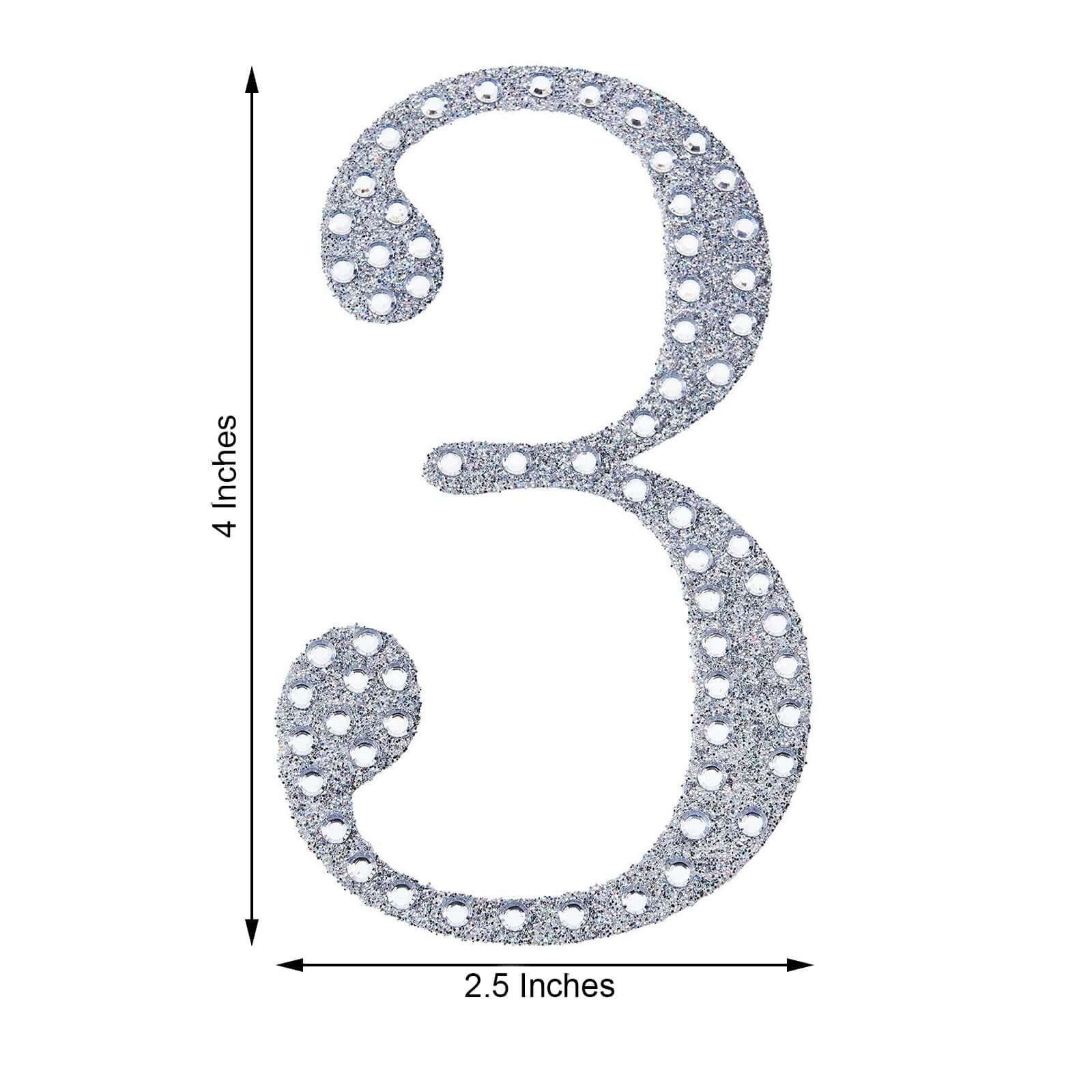 Decorative Rhinestone Number "3" Stickers 4", Silver Glitter Adhesive Craft Numbers - DIY Sparkle Embellishments - Image 3