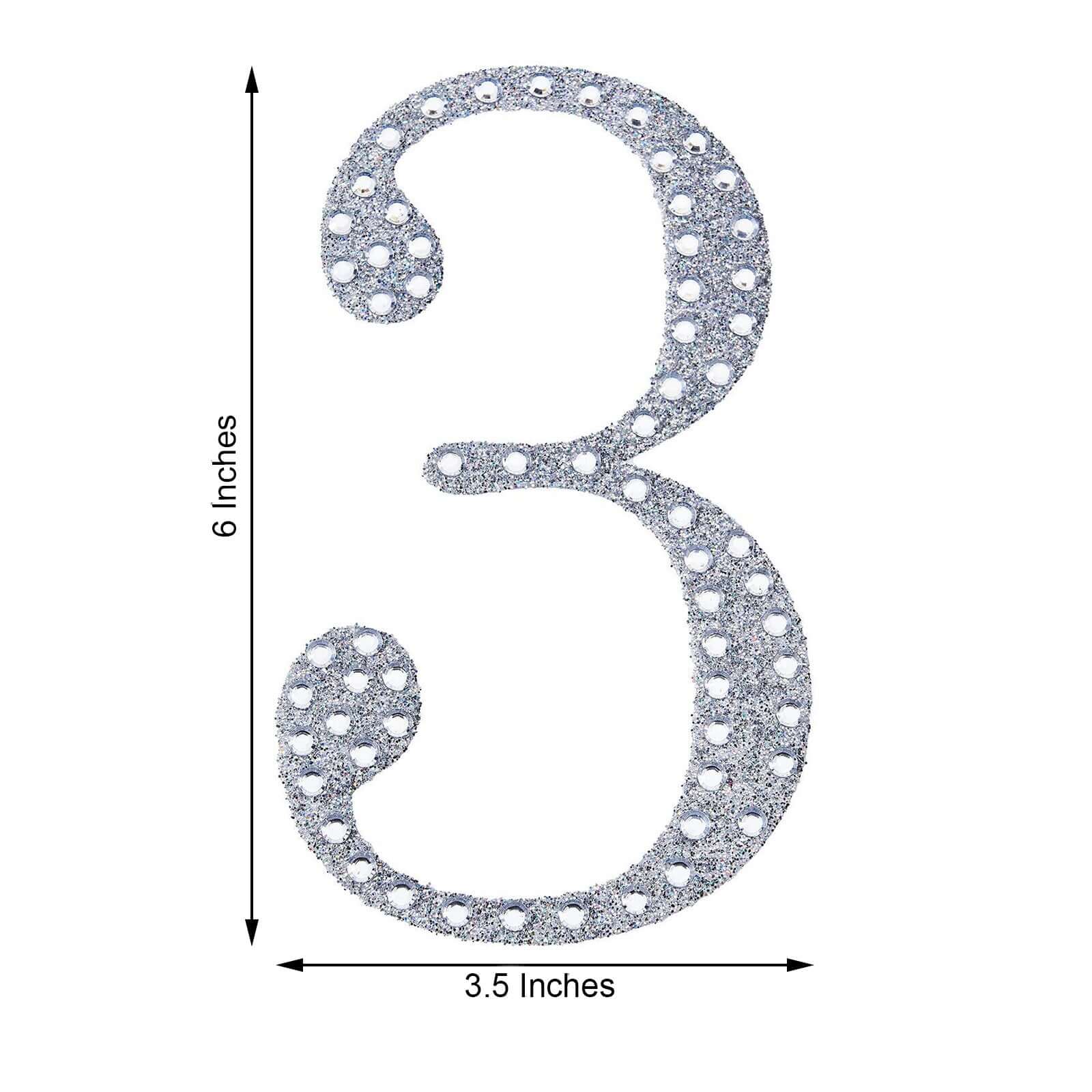 Decorative Rhinestone Number "3" Stickers 6", Silver Glitter Adhesive Craft Numbers - DIY Sparkle Embellishments - Image 3