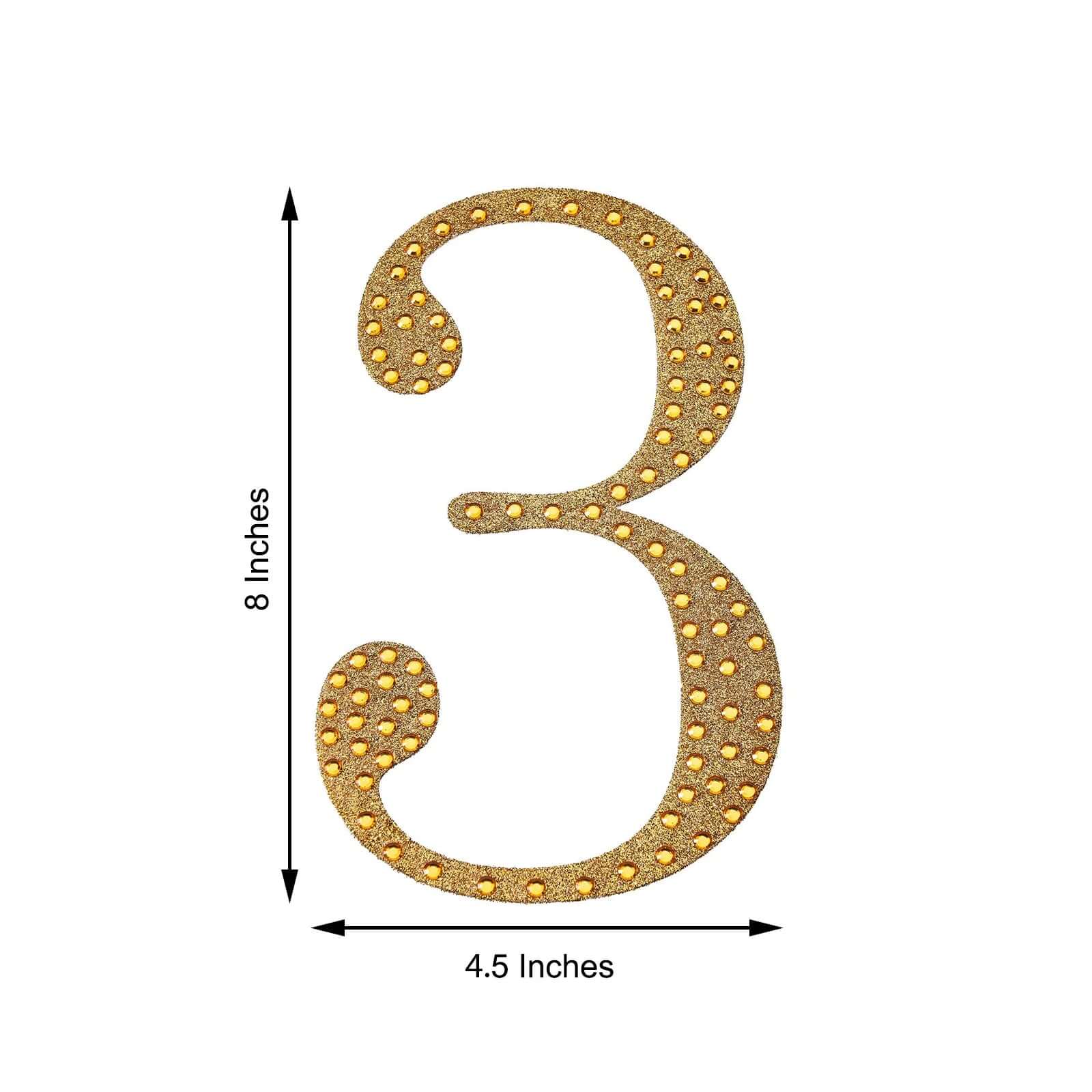 Decorative Rhinestone Number "3" Stickers 8", Gold Glitter Adhesive Craft Numbers - DIY Sparkle Embellishments - Image 3