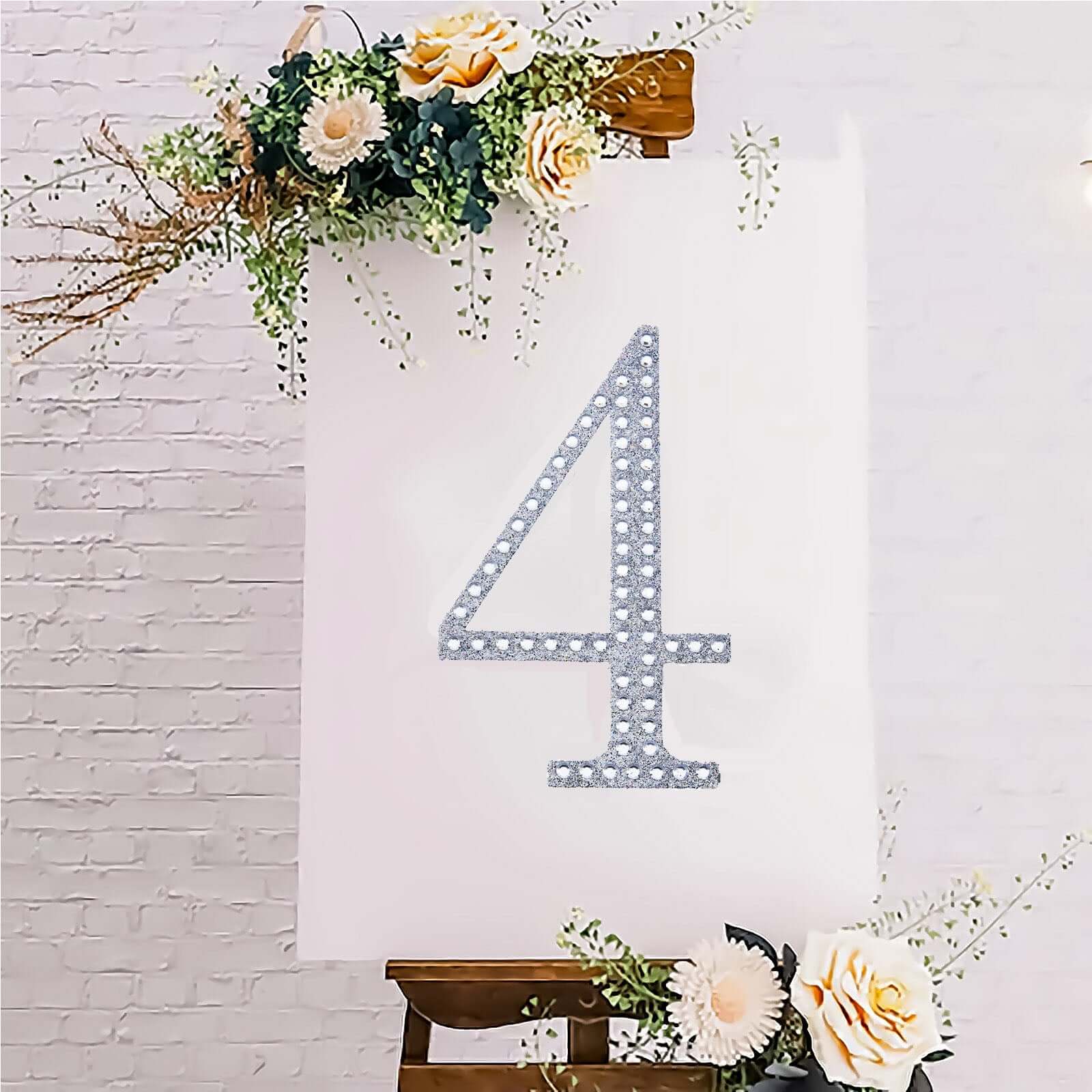 Decorative Rhinestone Number "4" Stickers 8", Silver Glitter Adhesive Craft Numbers - DIY Sparkle Embellishments