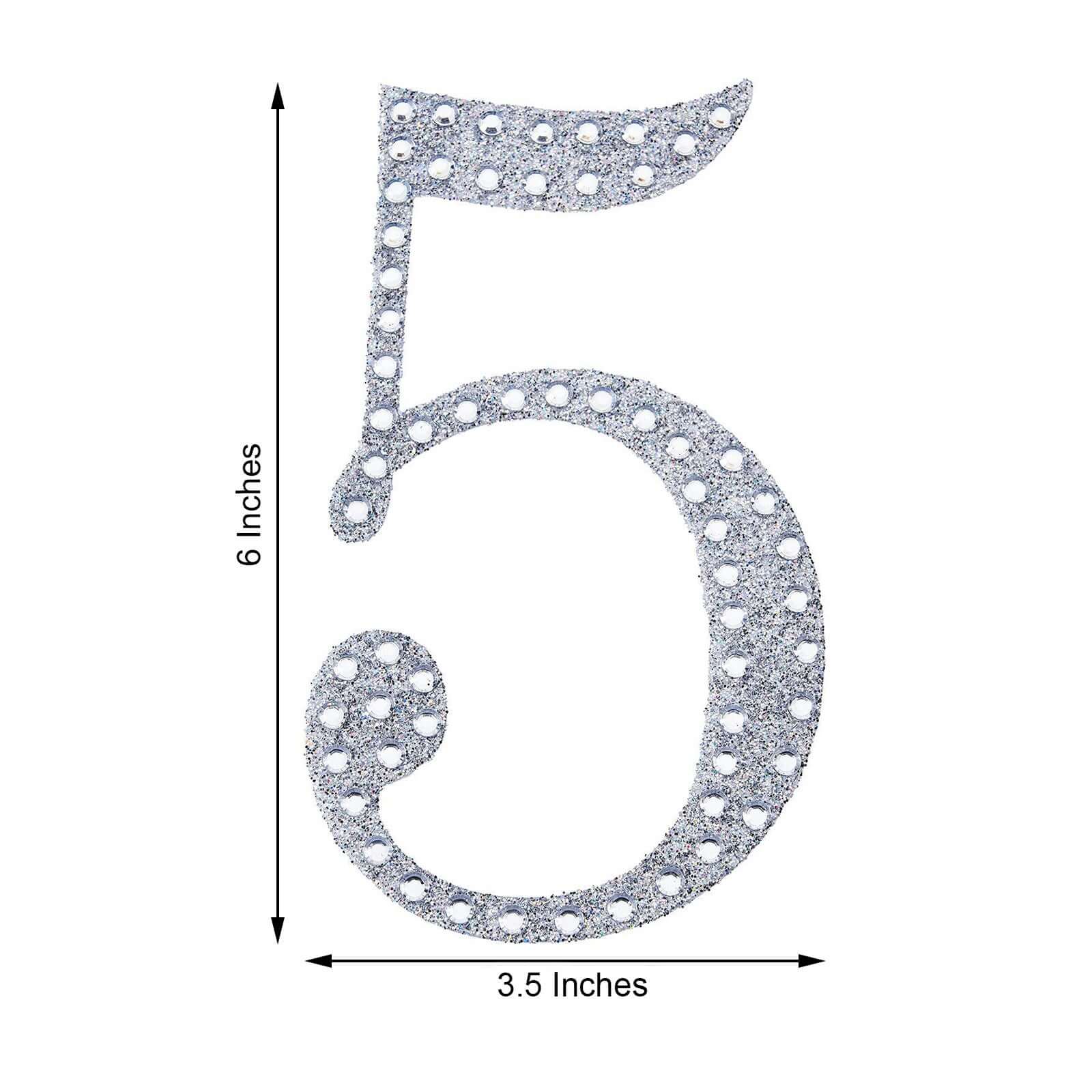Decorative Rhinestone Number "5" Stickers 6", Silver Glitter Adhesive Craft Numbers - DIY Sparkle Embellishments - Image 3