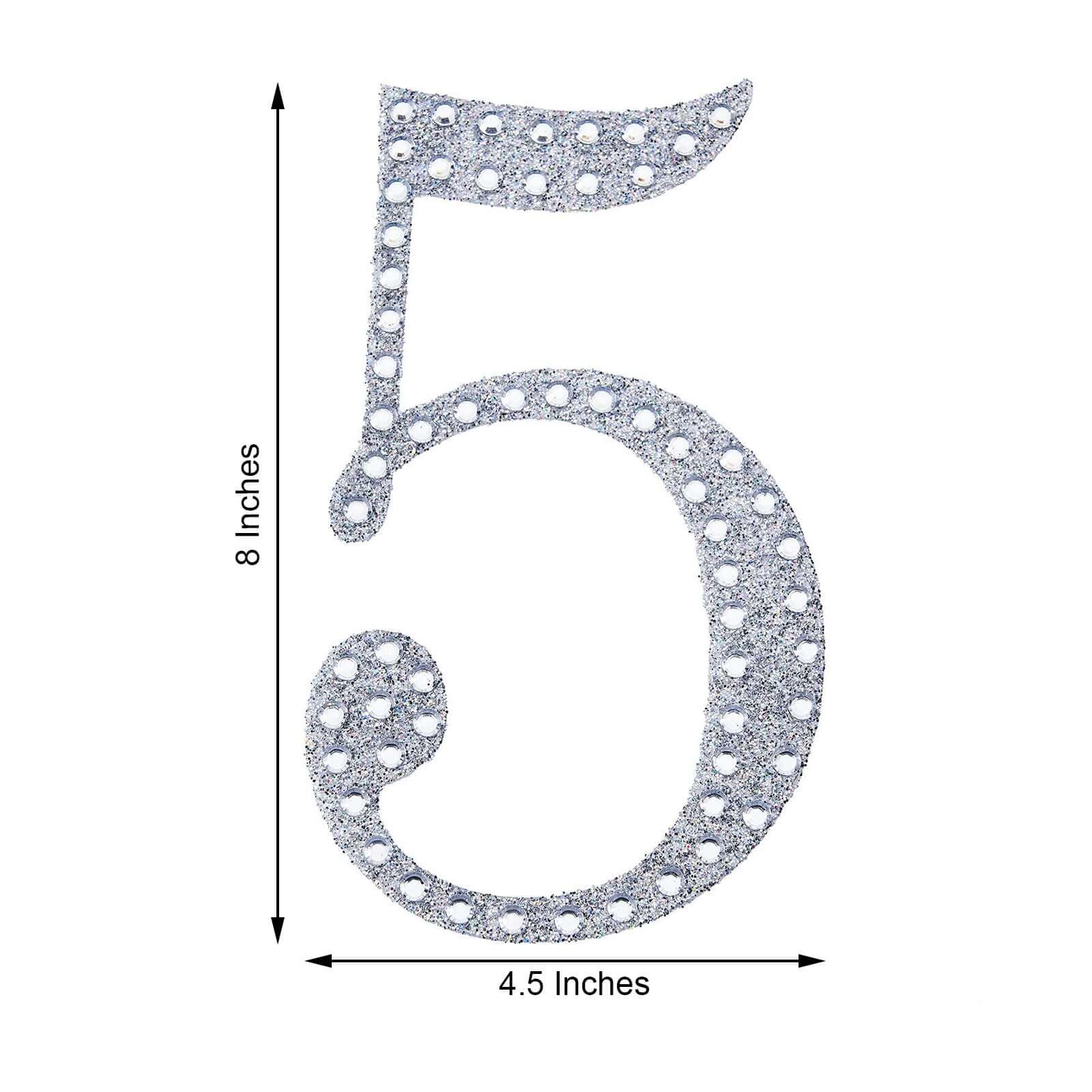 Decorative Rhinestone Number "5" Stickers 8", Silver Glitter Adhesive Craft Numbers - DIY Sparkle Embellishments - Image 3