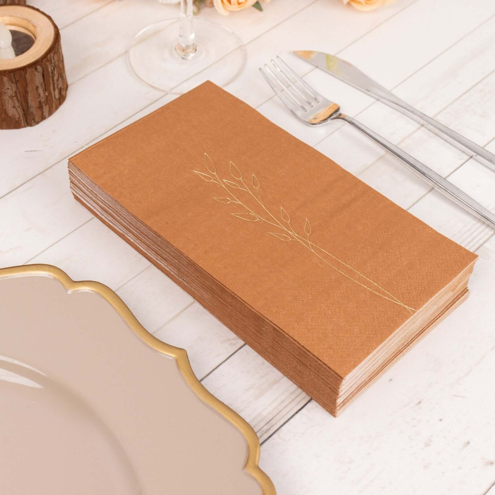 50-Pack Paper Dinner Napkins 2-Ply Terracotta (Rust) with Gold Embossed Leaf - Soft Wedding Party Napkins 18 GSM