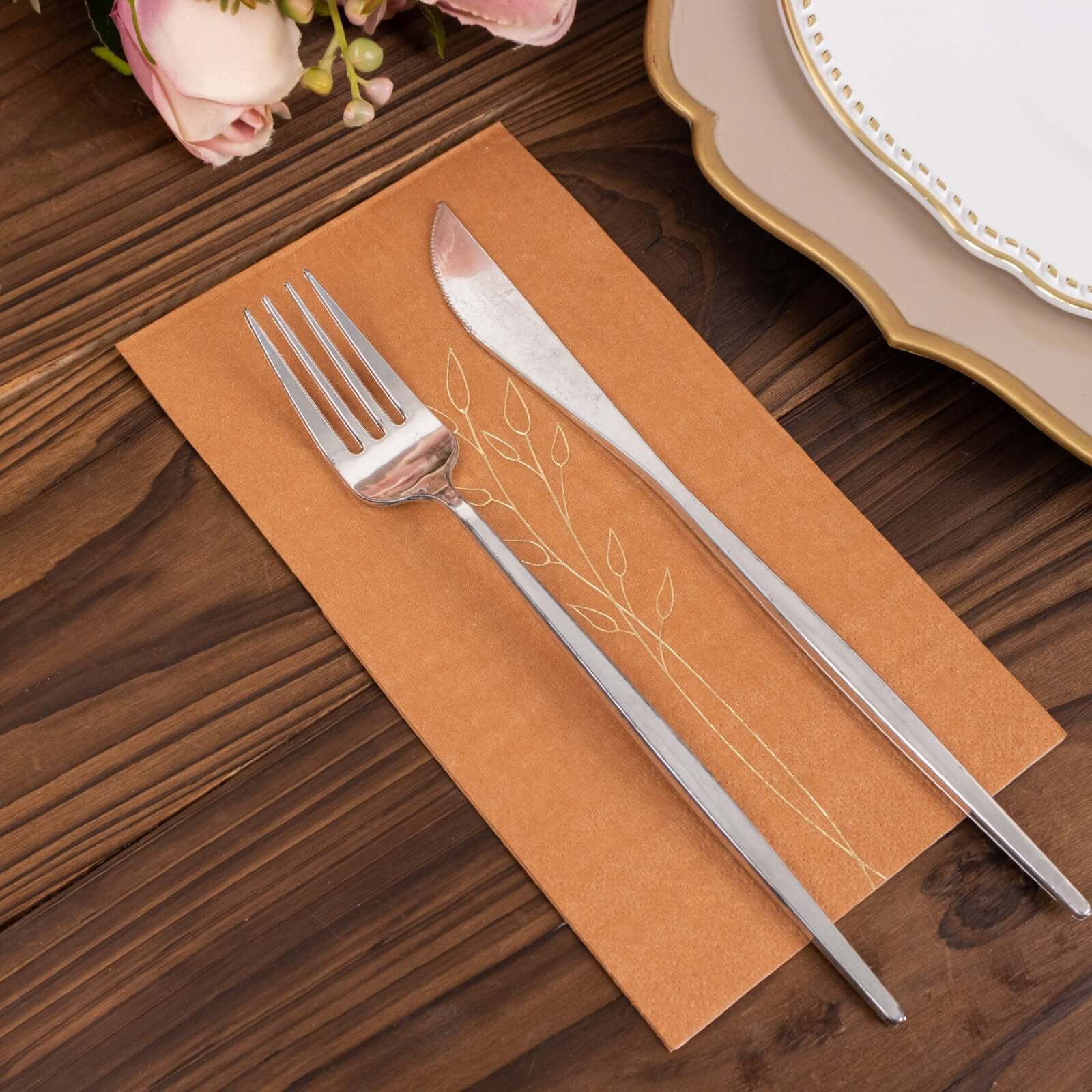 50-Pack Paper Dinner Napkins 2-Ply Terracotta (Rust) with Gold Embossed Leaf - Soft Wedding Party Napkins 18 GSM - Image 8