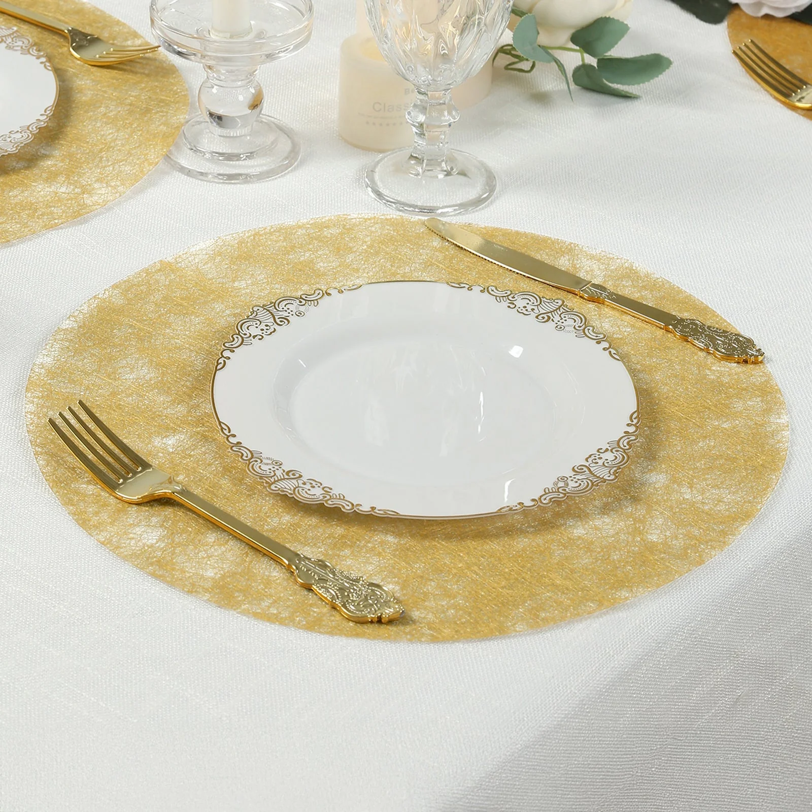 50 Pack Non-Woven Mesh Fiber Round Placemats, 13" Metallic Gold Disposable Table Mats for Dining & Events - Image 8