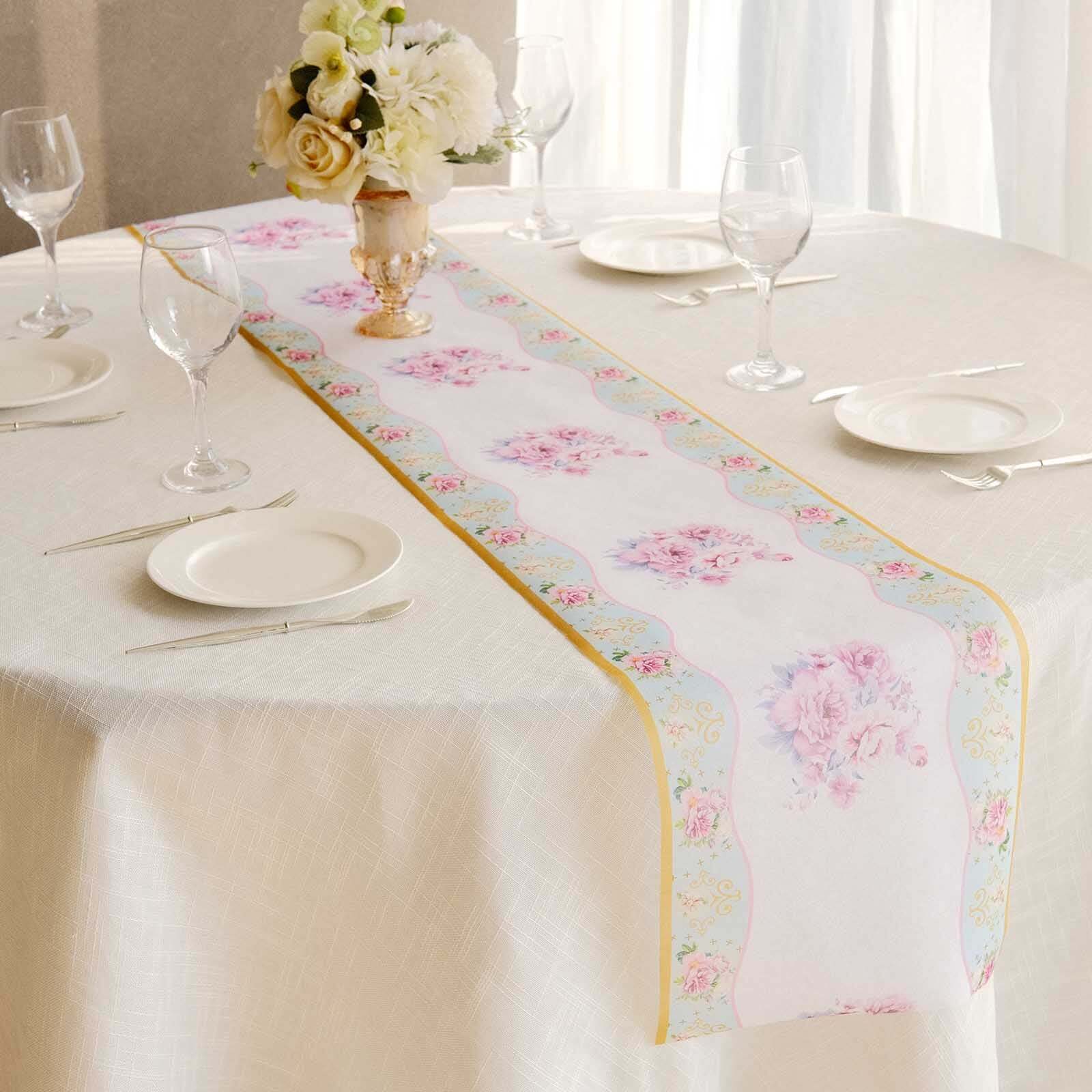 Disposable Table Runner 11"x108" White with Pink Peony Floral Print - Non-woven Stylish Spring Summer Dining Decor - Image 4