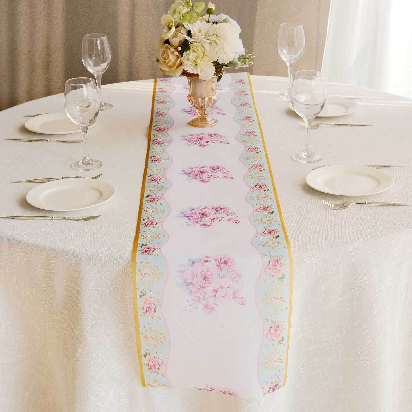 Disposable Table Runner 11"x108" White with Pink Peony Floral Print - Non-woven Stylish Spring Summer Dining Decor - Image 6