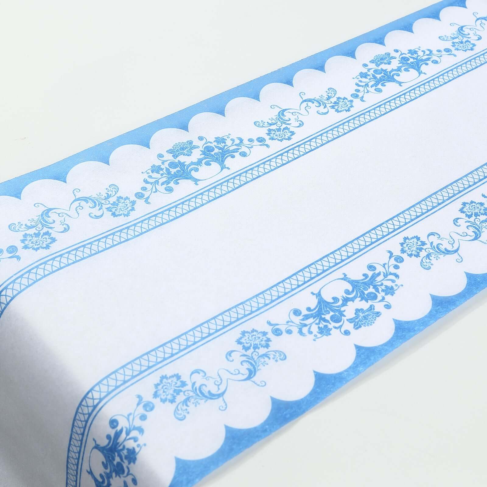 5 Pack Disposable Table Runners 11"x108" White with Blue Ornate Floral Prints - Non-woven Stylish Kitchen Dining Table Decor - Image 5