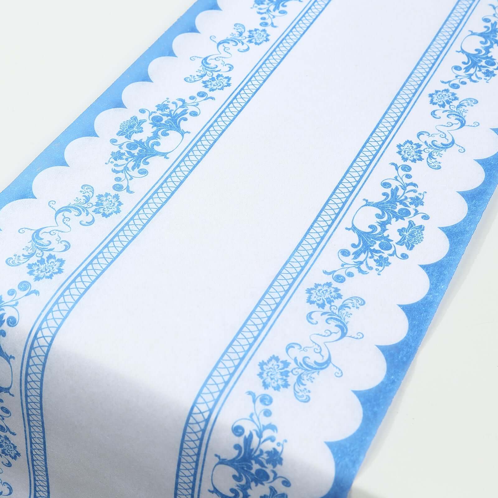 5 Pack Disposable Table Runners 11"x108" White with Blue Ornate Floral Prints - Non-woven Stylish Kitchen Dining Table Decor - Image 6