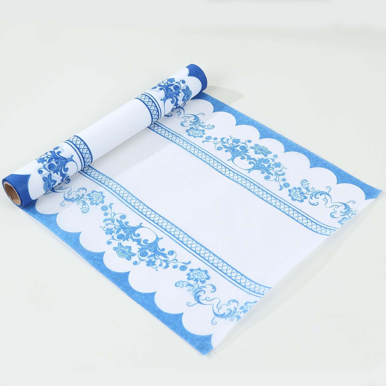 5 Pack Disposable Table Runners 11"x108" White with Blue Ornate Floral Prints - Non-woven Stylish Kitchen Dining Table Decor - Image 7