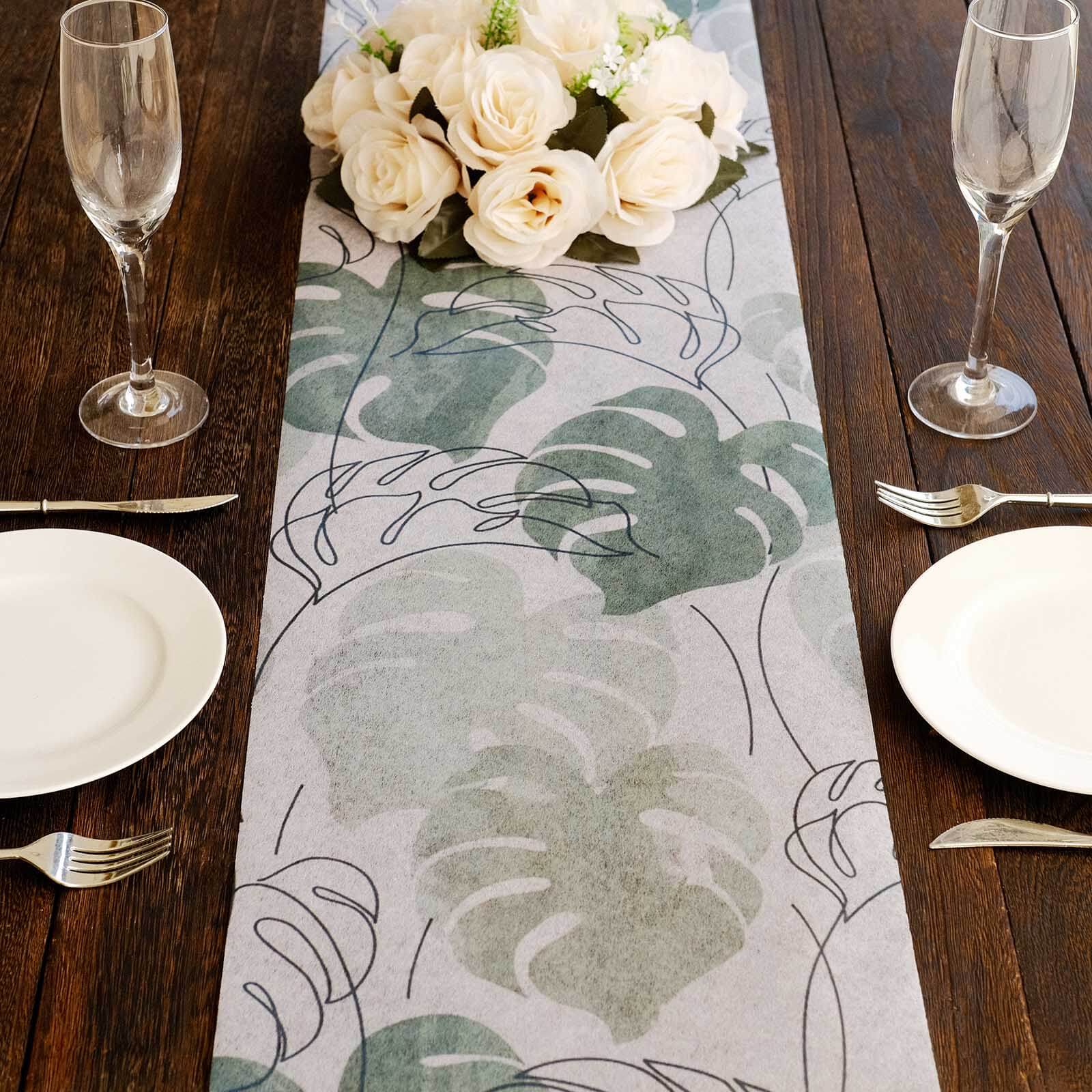 Disposable Table Runner 11"x108" White with Green Monstera Palm Leaves Print - Non-woven Stylish Spring Summer Dining Decor - Image 2