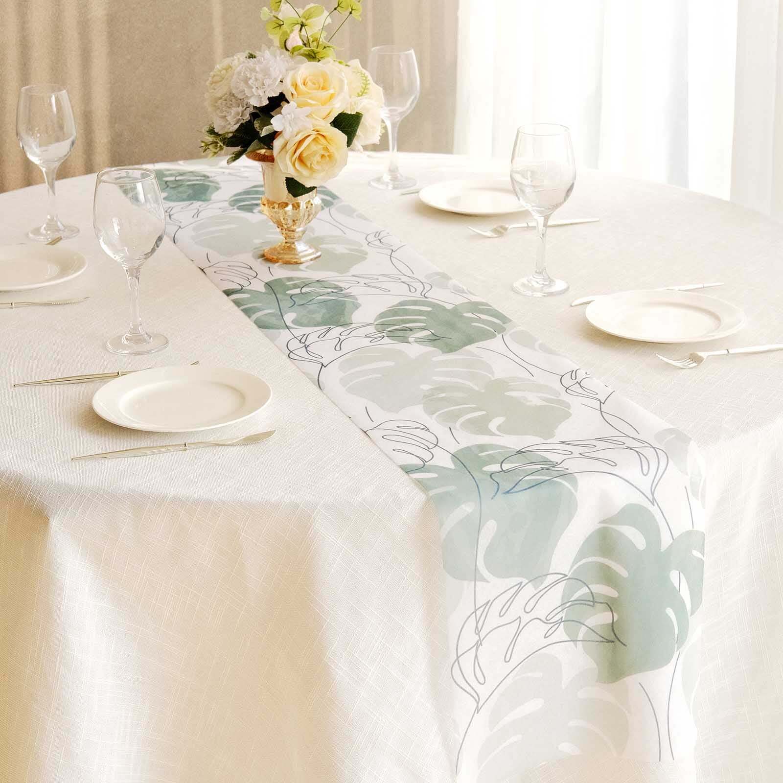 Disposable Table Runner 11"x108" White with Green Monstera Palm Leaves Print - Non-woven Stylish Spring Summer Dining Decor - Image 4