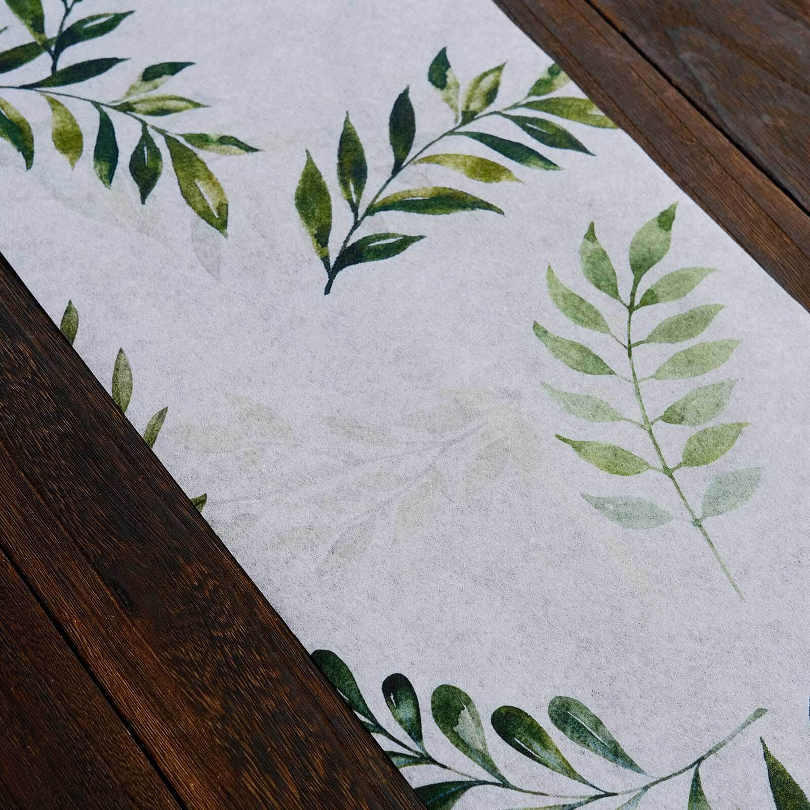 Disposable Table Runner 11"x108" White with Green Olive Leaves Print - Non-woven Stylish Spring Summer Dining Decor - Image 2