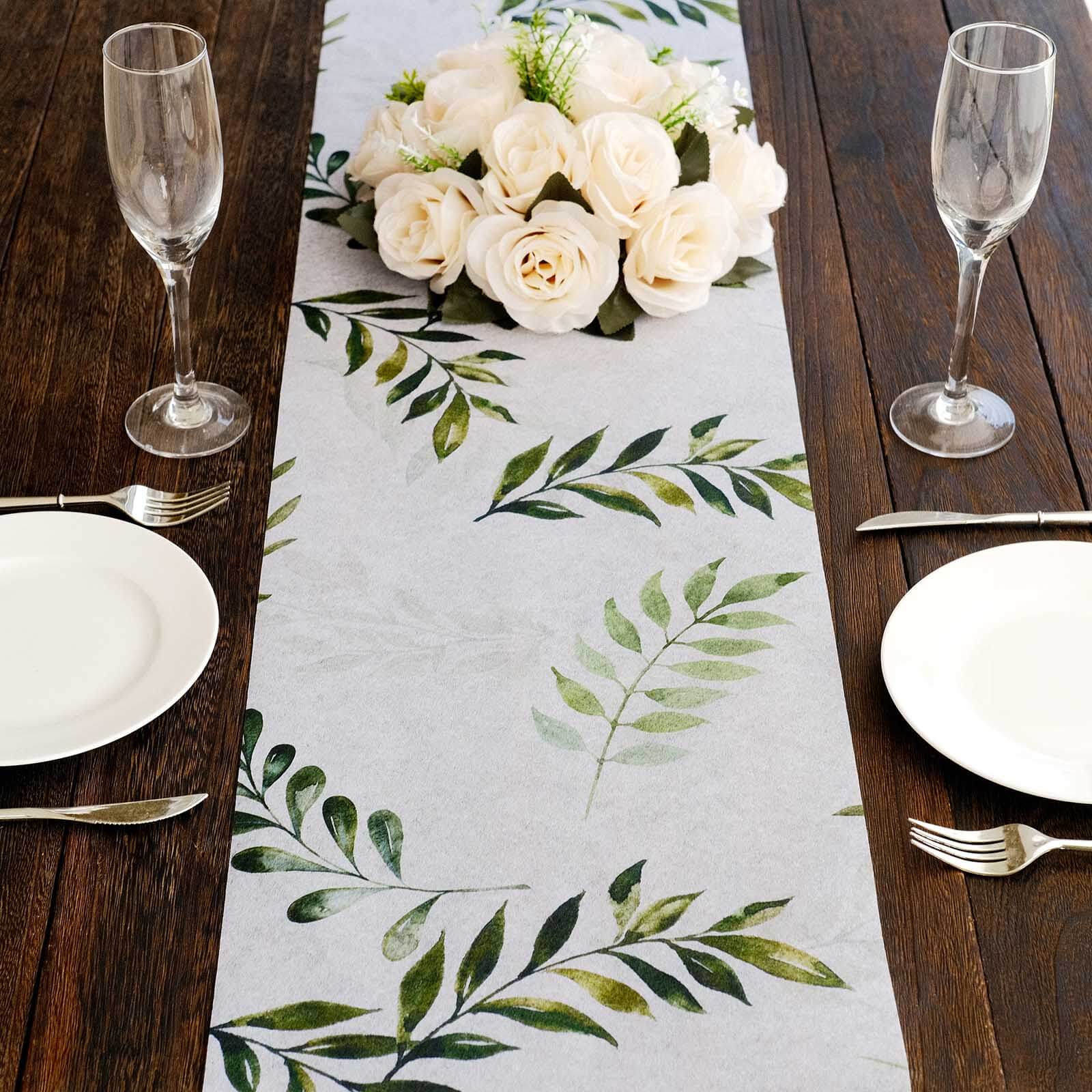 Disposable Table Runner 11"x108" White with Green Olive Leaves Print - Non-woven Stylish Spring Summer Dining Decor - Image 4