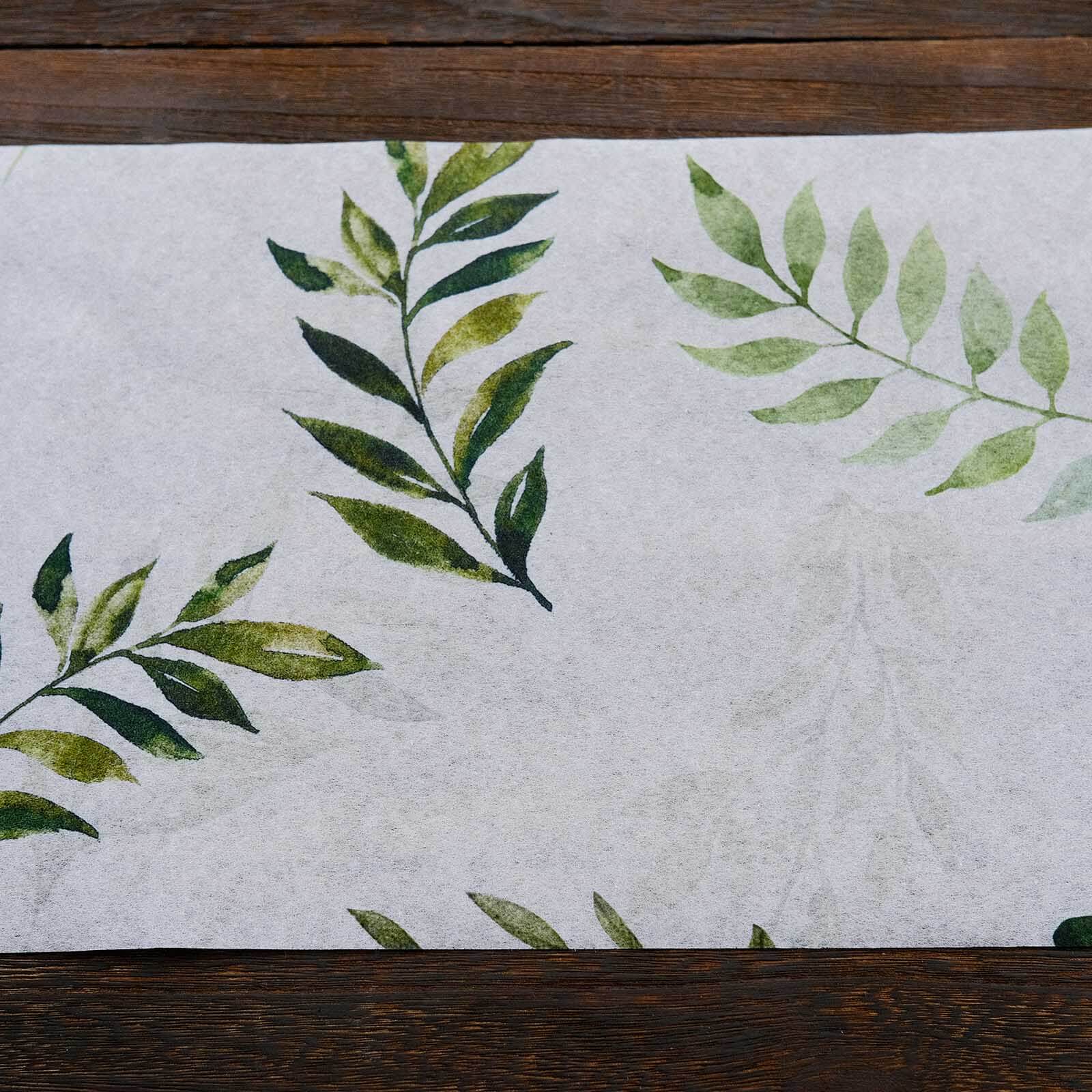 Disposable Table Runner 11"x108" White with Green Olive Leaves Print - Non-woven Stylish Spring Summer Dining Decor - Image 8
