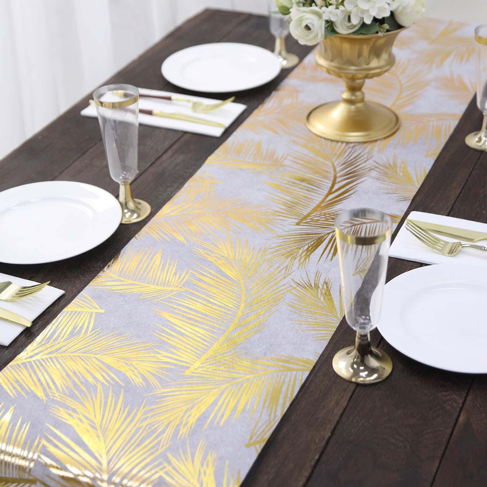 Disposable Table Runner Roll 108" Metallic Gold Foil Palm Leaves Print - Chic Non-Woven Tropical Table Decor for Events - Image 5