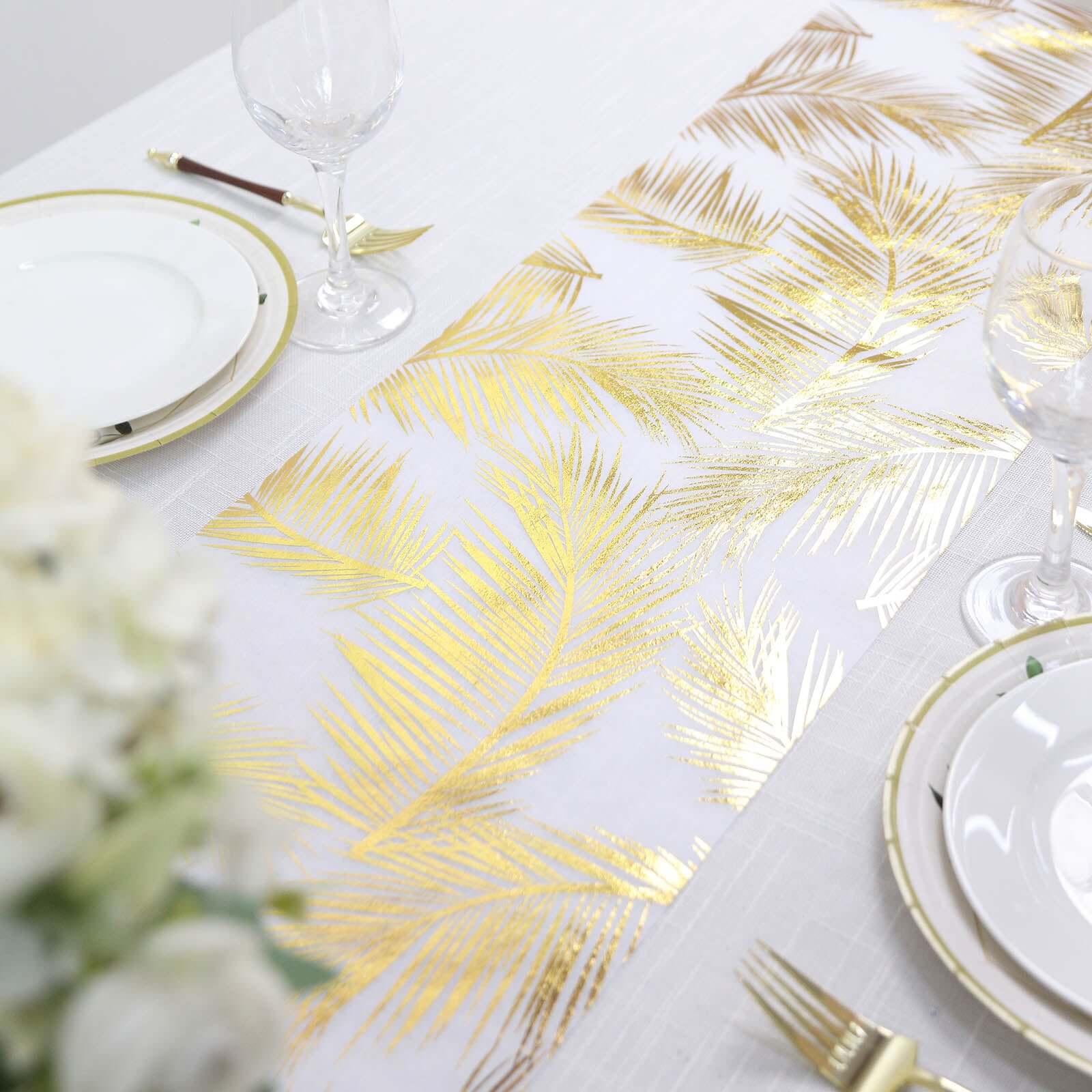 Disposable Table Runner Roll 108" Metallic Gold Foil Palm Leaves Print - Chic Non-Woven Tropical Table Decor for Events - Image 8
