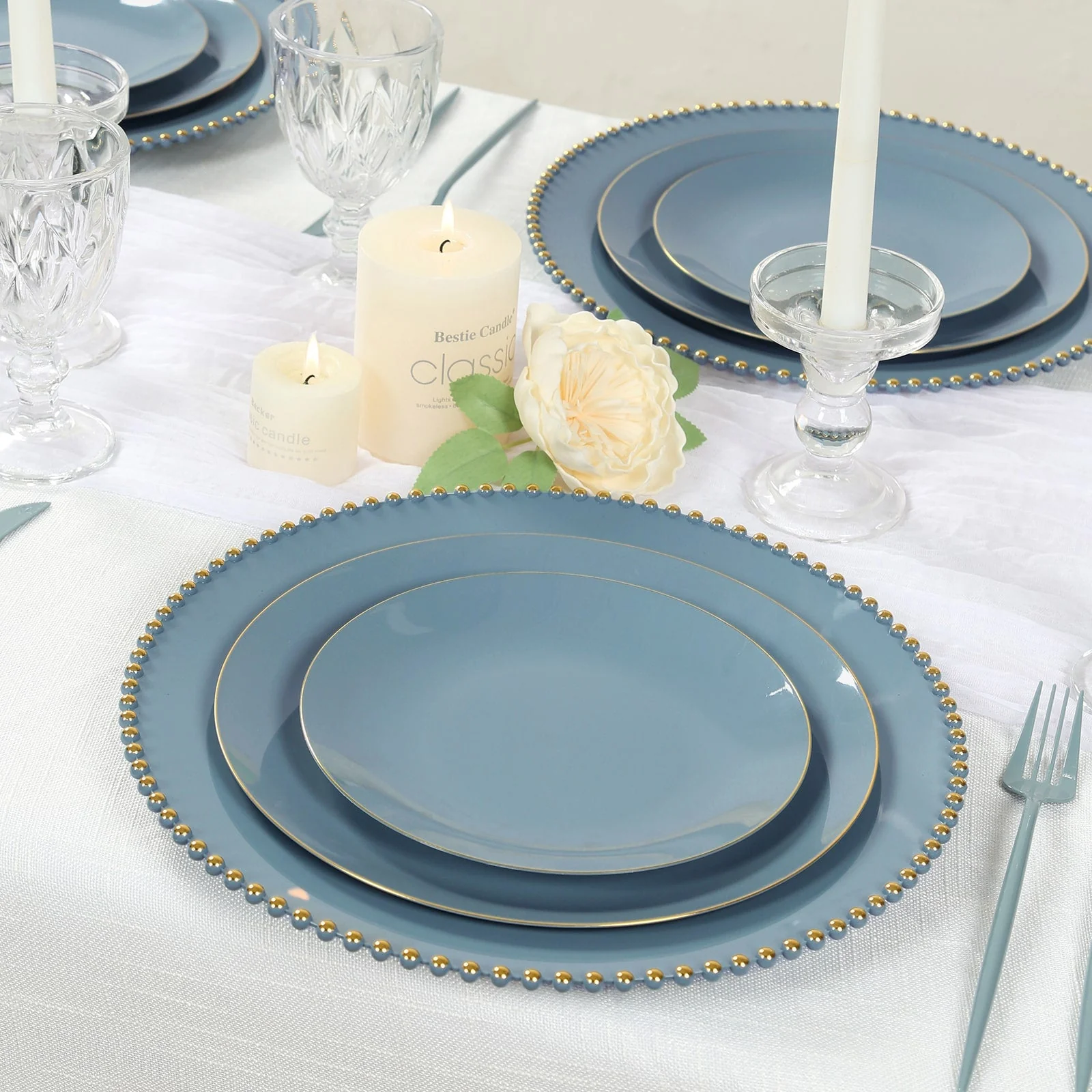 10-Pack Economy Plastic Charger Plates 13" Round Dusty Blue with Gold Beaded Rim - Stylish Dinner Party Serving Plates - Image 2
