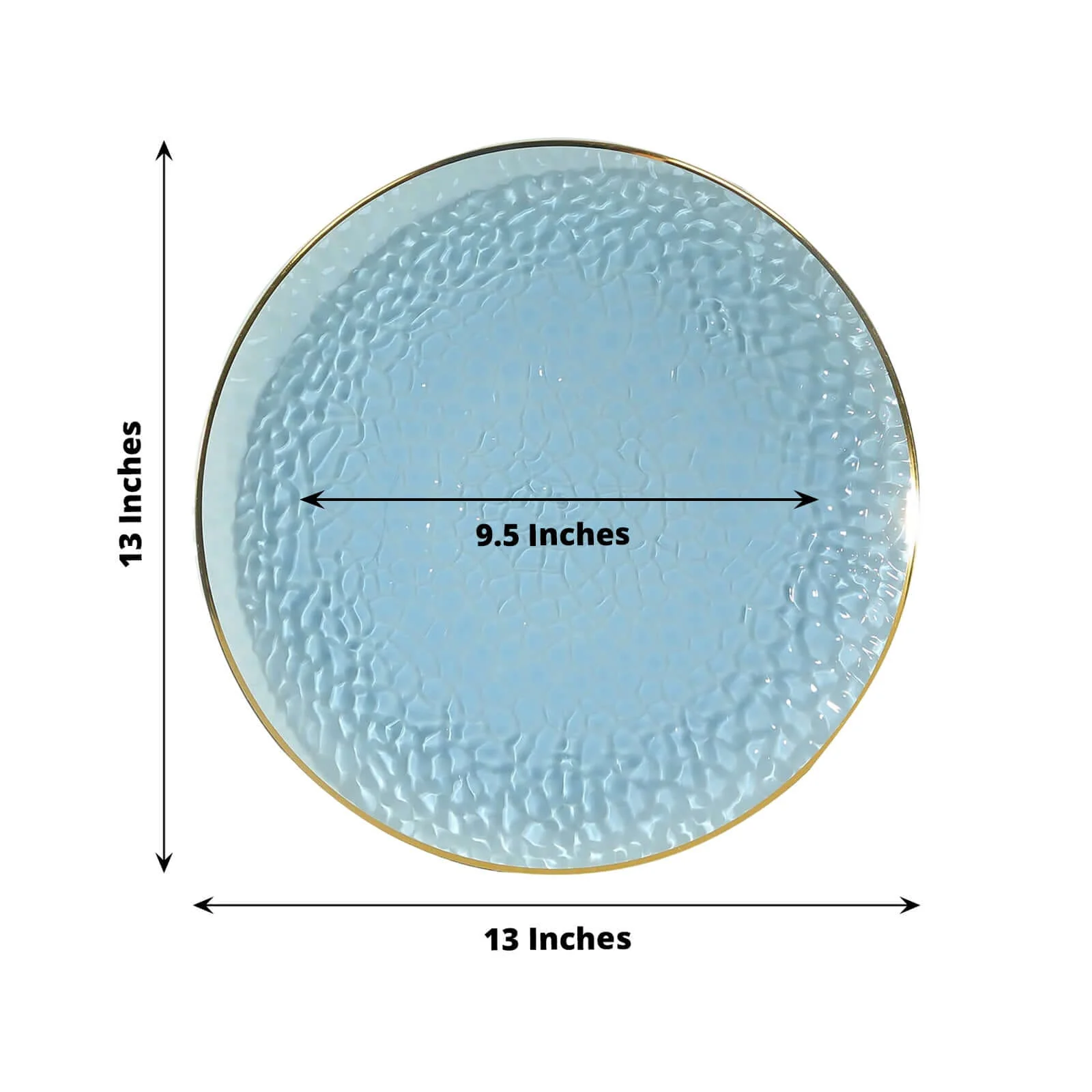 10 Pack Economy Plastic Charger Plates 13" Round Transparent Dusty Blue Hammered Design with Gold Rim - Decorative Dinner Party Serving Plates - Image 3