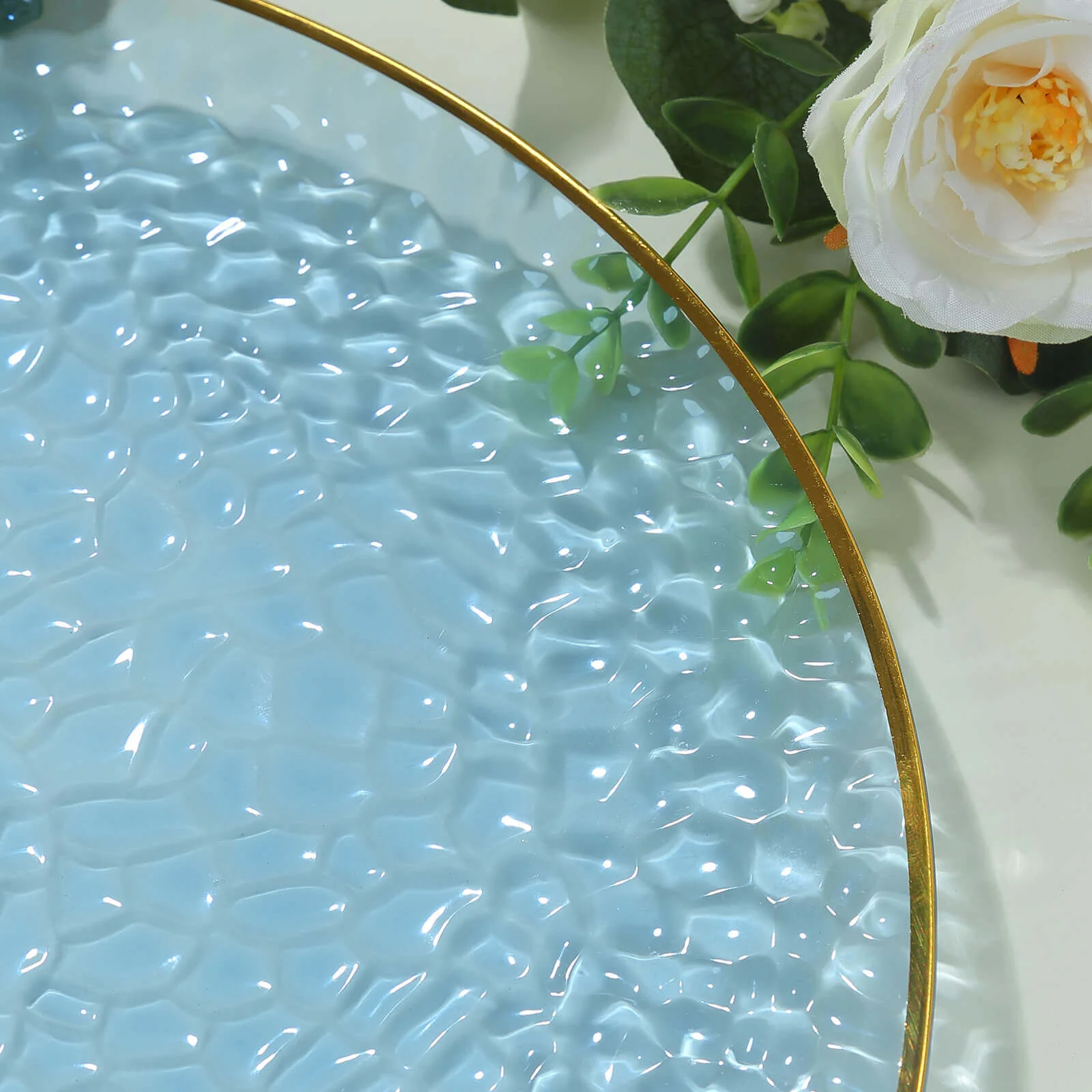 10 Pack Economy Plastic Charger Plates 13" Round Transparent Dusty Blue Hammered Design with Gold Rim - Decorative Dinner Party Serving Plates - Image 8