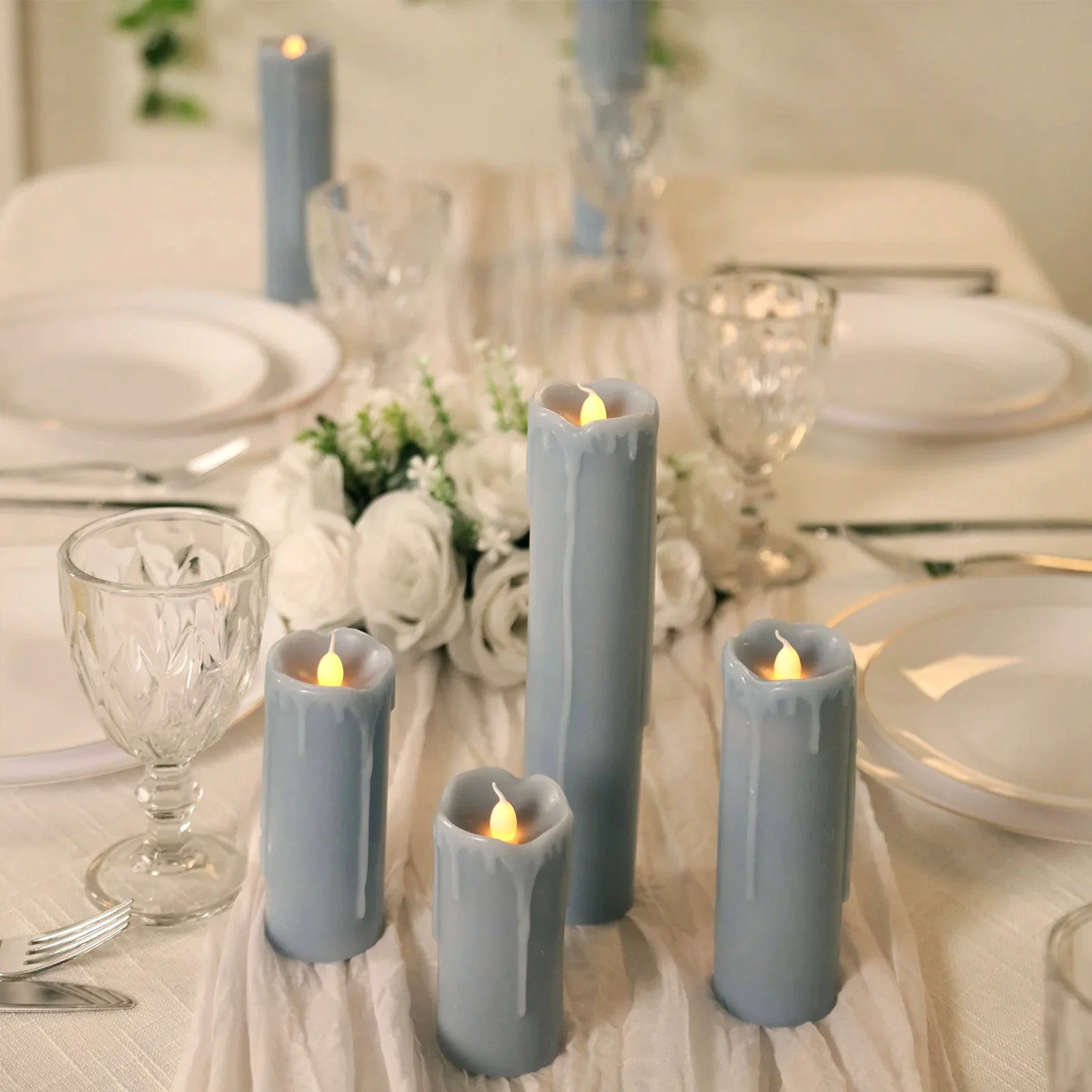 Set of 6 LED Drip Wax Pillar Candles Dusty Blue - Flameless Flicker Battery Operated Luminaria Lighting
