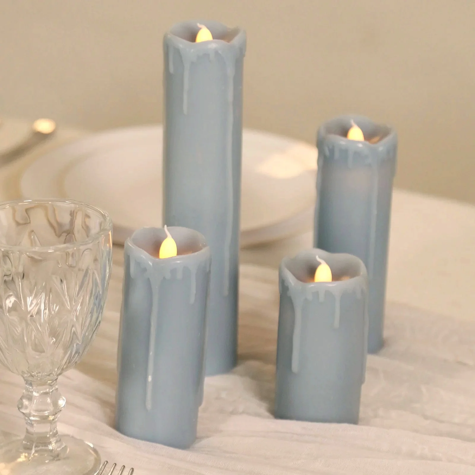 Set of 6 LED Drip Wax Pillar Candles Dusty Blue - Flameless Flicker Battery Operated Luminaria Lighting - Image 6