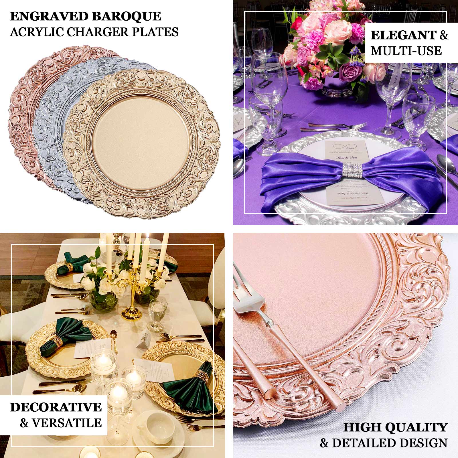 6-Pack Acrylic Charger Plates 14" Round Dusty Blue with Engraved Baroque Rim - Vintage Disposable Decorative Chargers - Image 4