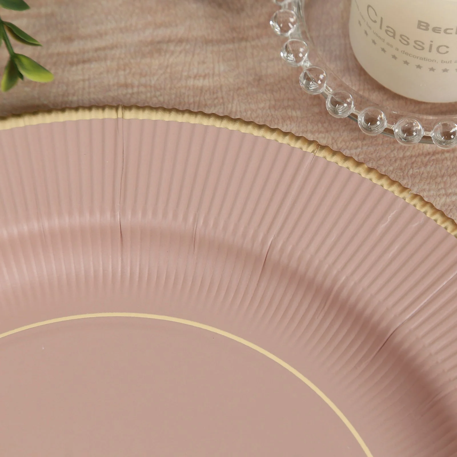 25-Pack Paper Round Dinner Plates 10" Dusty Rose Sunray Design with Gold Rim - 350GSM Heavy Duty Disposable Party Plates - Image 7
