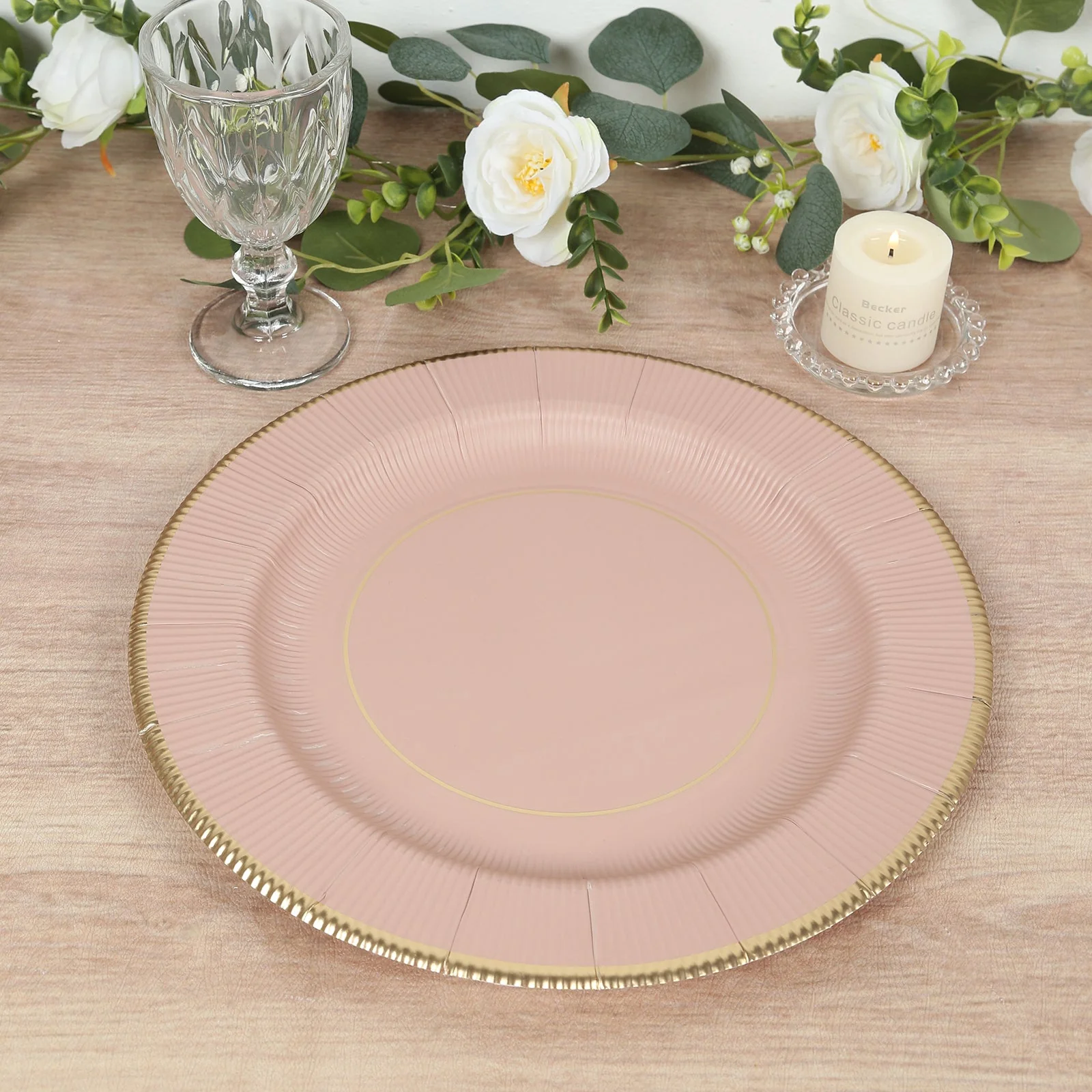 25-Pack Disposable Round Charger Plates 13" Dusty Rose Sunray Design with Gold Rim - 350GSM Heavy Duty Paper Placemats