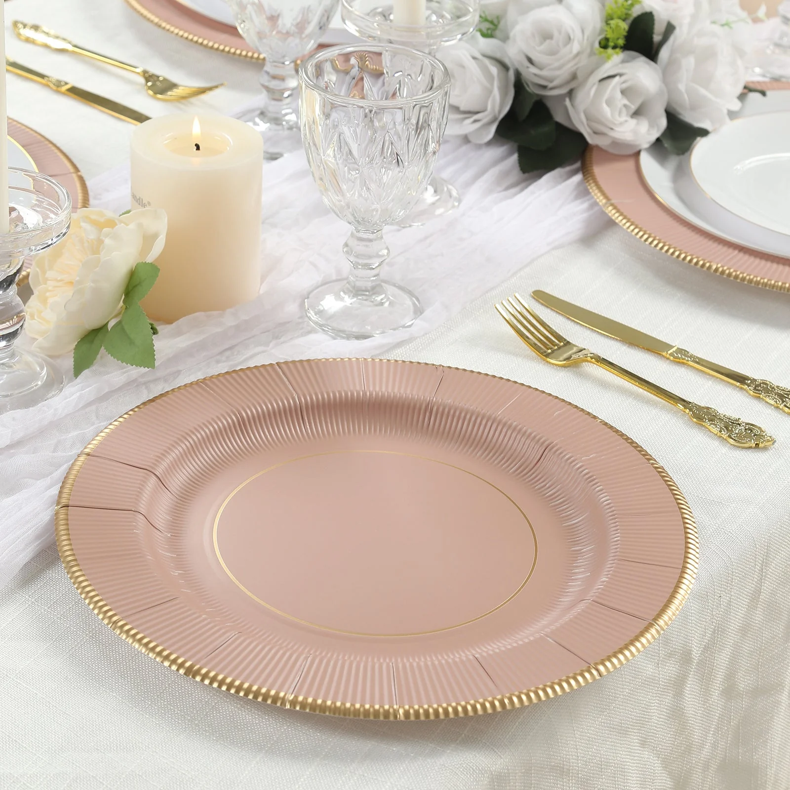 25-Pack Disposable Round Charger Plates 13" Dusty Rose Sunray Design with Gold Rim - 350GSM Heavy Duty Paper Placemats - Image 3