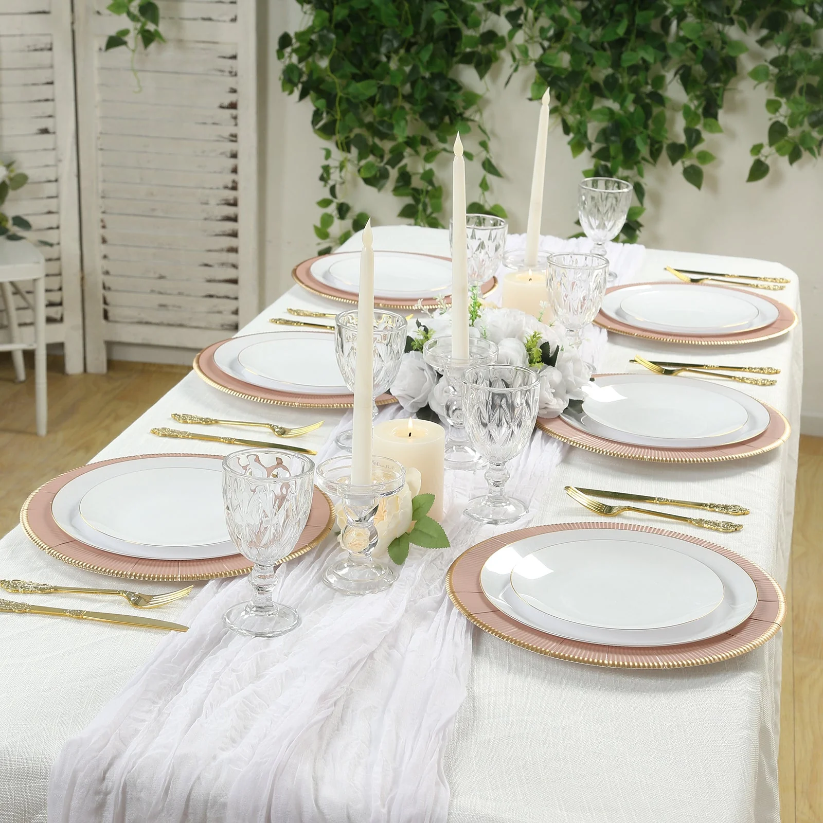 25-Pack Disposable Round Charger Plates 13" Dusty Rose Sunray Design with Gold Rim - 350GSM Heavy Duty Paper Placemats - Image 6