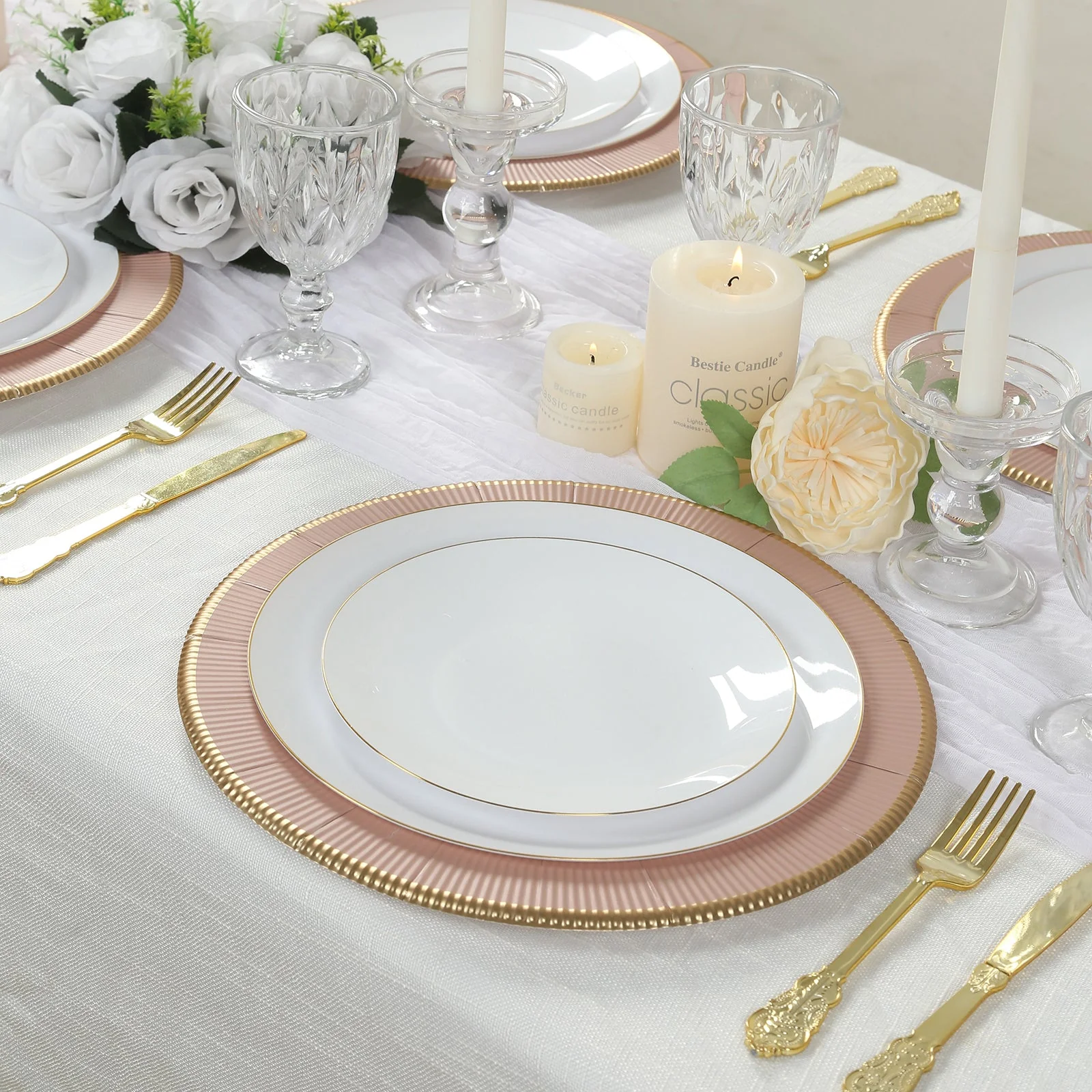 25-Pack Disposable Round Charger Plates 13" Dusty Rose Sunray Design with Gold Rim - 350GSM Heavy Duty Paper Placemats - Image 8