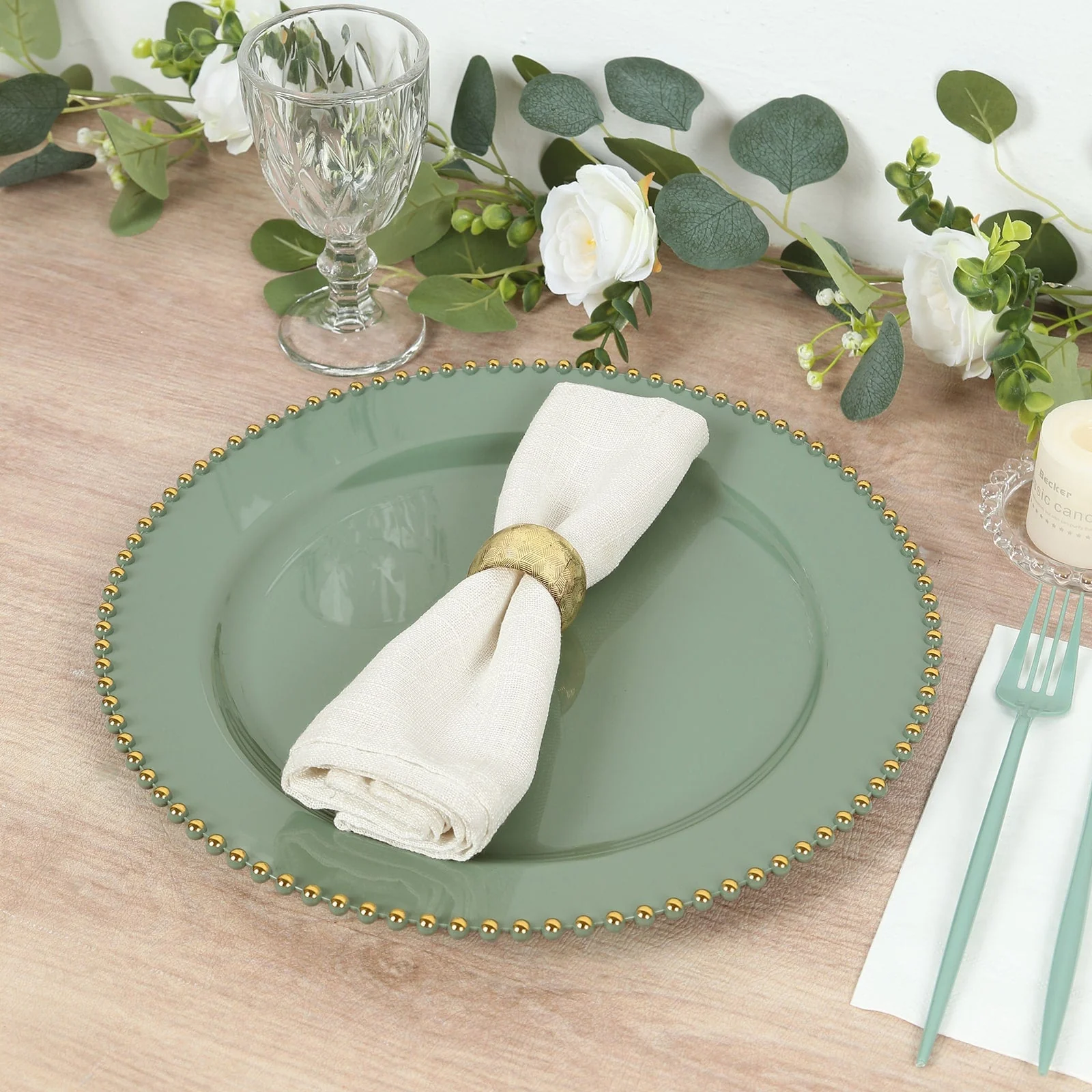 10-Pack Economy Plastic Charger Plates 13" Round Dusty Sage Green with Gold Beaded Rim - Stylish Dinner Party Serving Plates - Image 2