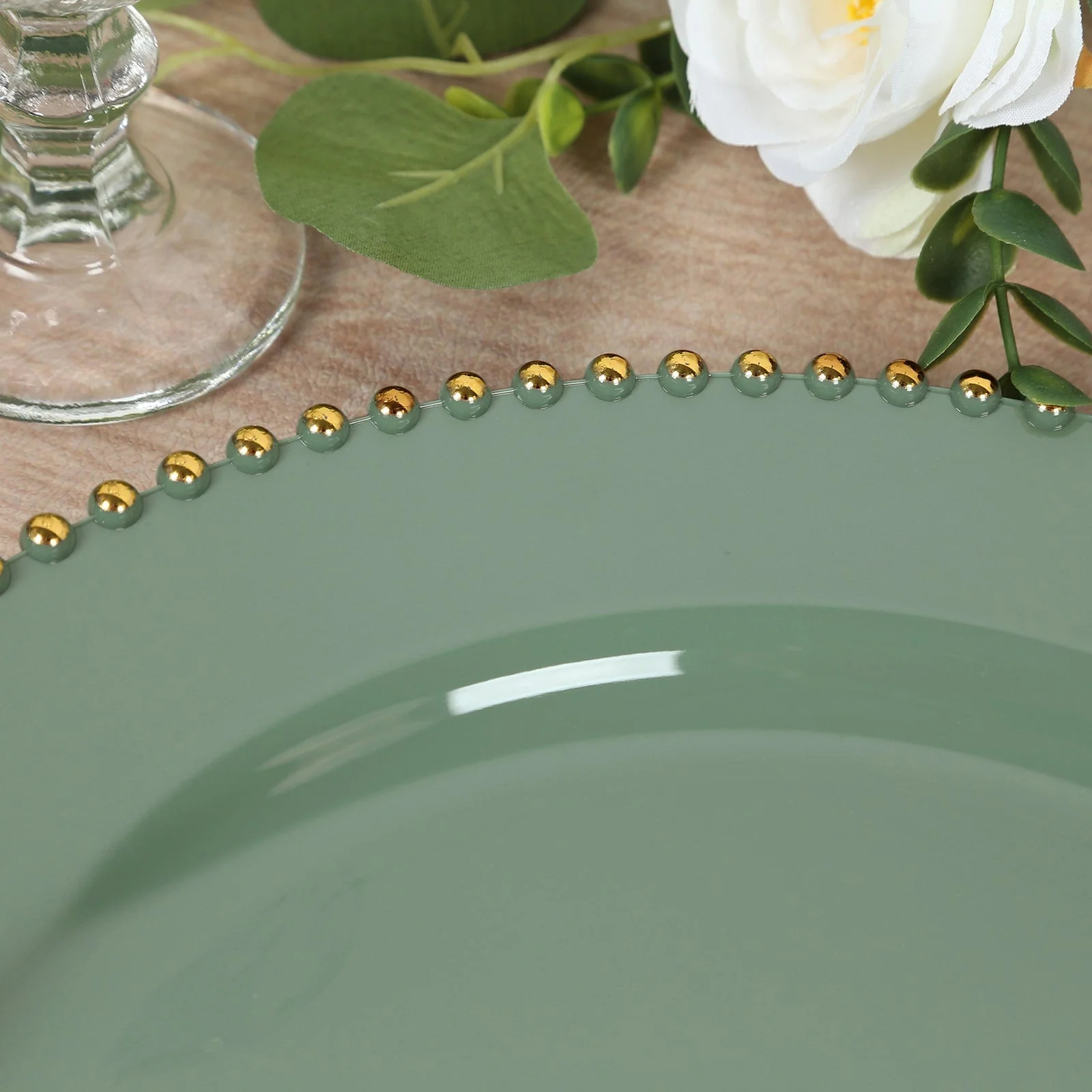 10-Pack Economy Plastic Charger Plates 13" Round Dusty Sage Green with Gold Beaded Rim - Stylish Dinner Party Serving Plates - Image 7