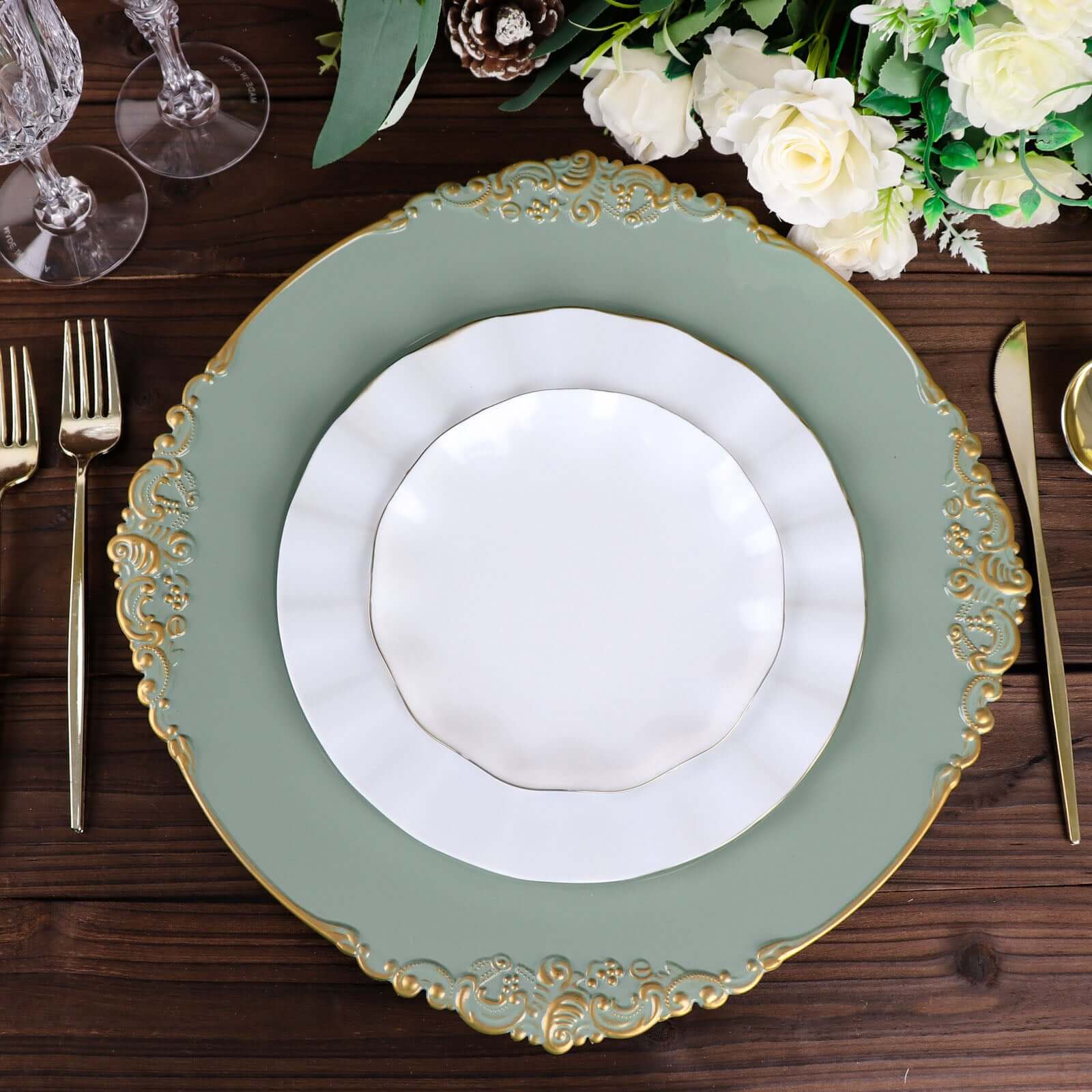 6-Pack Acrylic Charger Plates 13" Round Dusty Sage Green with Gold Embossed Baroque Rim - Antique Decorative Dinner Tableware - Image 2