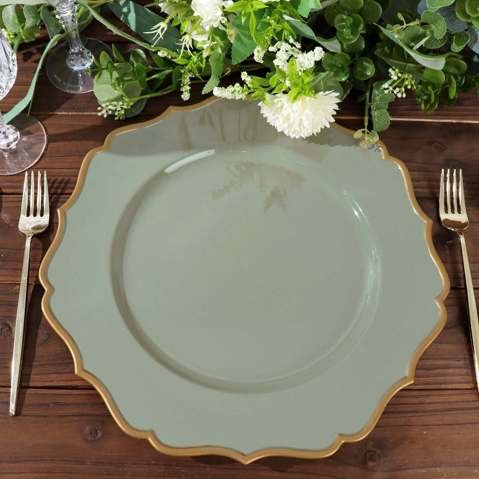 6-Pack Acrylic Charger Plates 13" Round Dusty Sage Green with Gold Scalloped Rim - Dinner Plastic Charger Tableware - Image 10