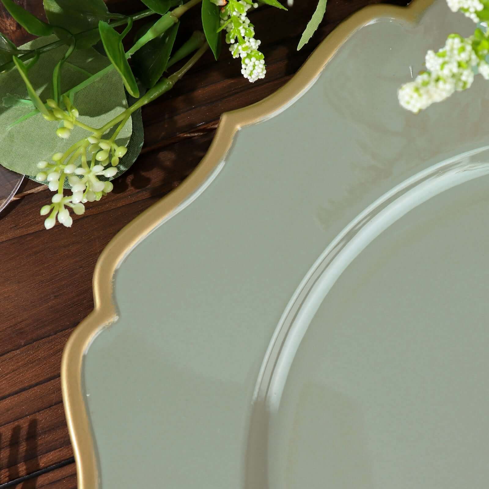 6-Pack Acrylic Charger Plates 13" Round Dusty Sage Green with Gold Scalloped Rim - Dinner Plastic Charger Tableware - Image 11
