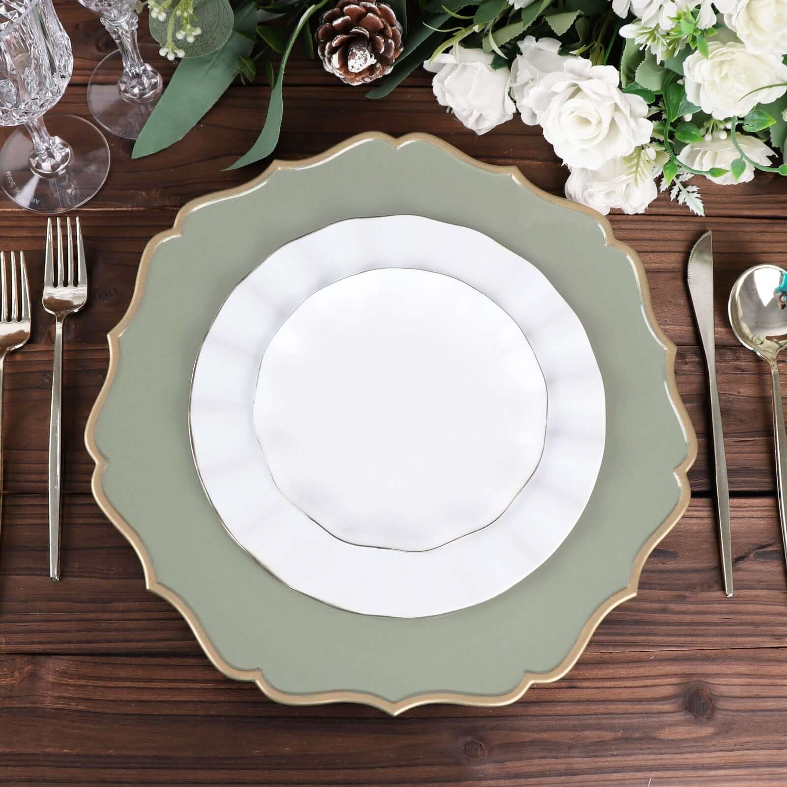 6-Pack Acrylic Charger Plates 13" Round Dusty Sage Green with Gold Scalloped Rim - Dinner Plastic Charger Tableware - Image 2