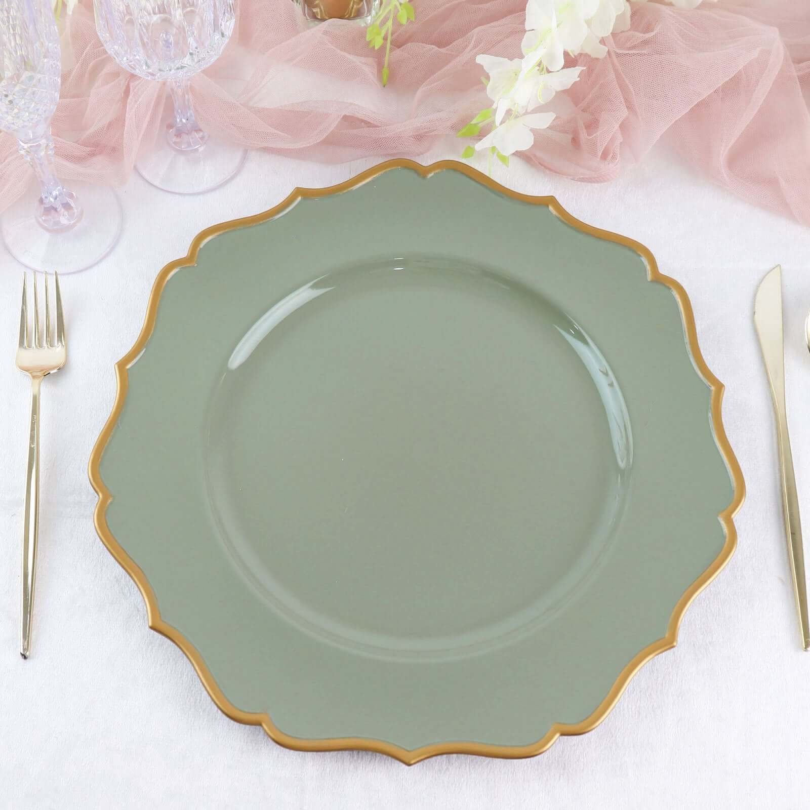 6-Pack Acrylic Charger Plates 13" Round Dusty Sage Green with Gold Scalloped Rim - Dinner Plastic Charger Tableware - Image 6