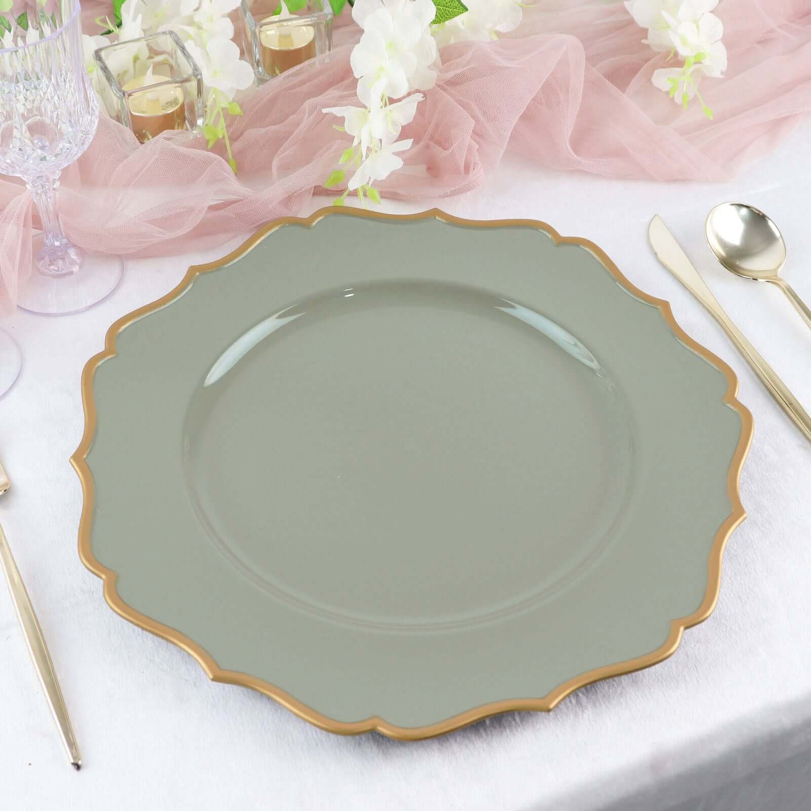 6-Pack Acrylic Charger Plates 13" Round Dusty Sage Green with Gold Scalloped Rim - Dinner Plastic Charger Tableware - Image 7