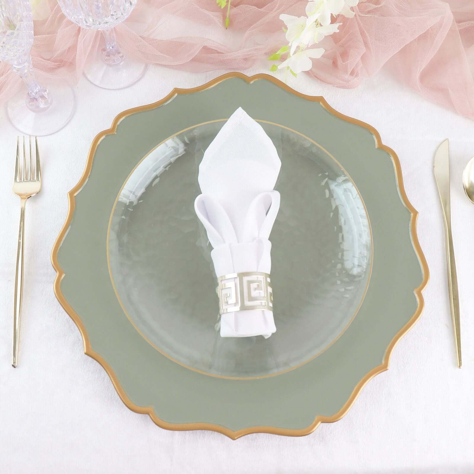 6-Pack Acrylic Charger Plates 13" Round Dusty Sage Green with Gold Scalloped Rim - Dinner Plastic Charger Tableware - Image 9