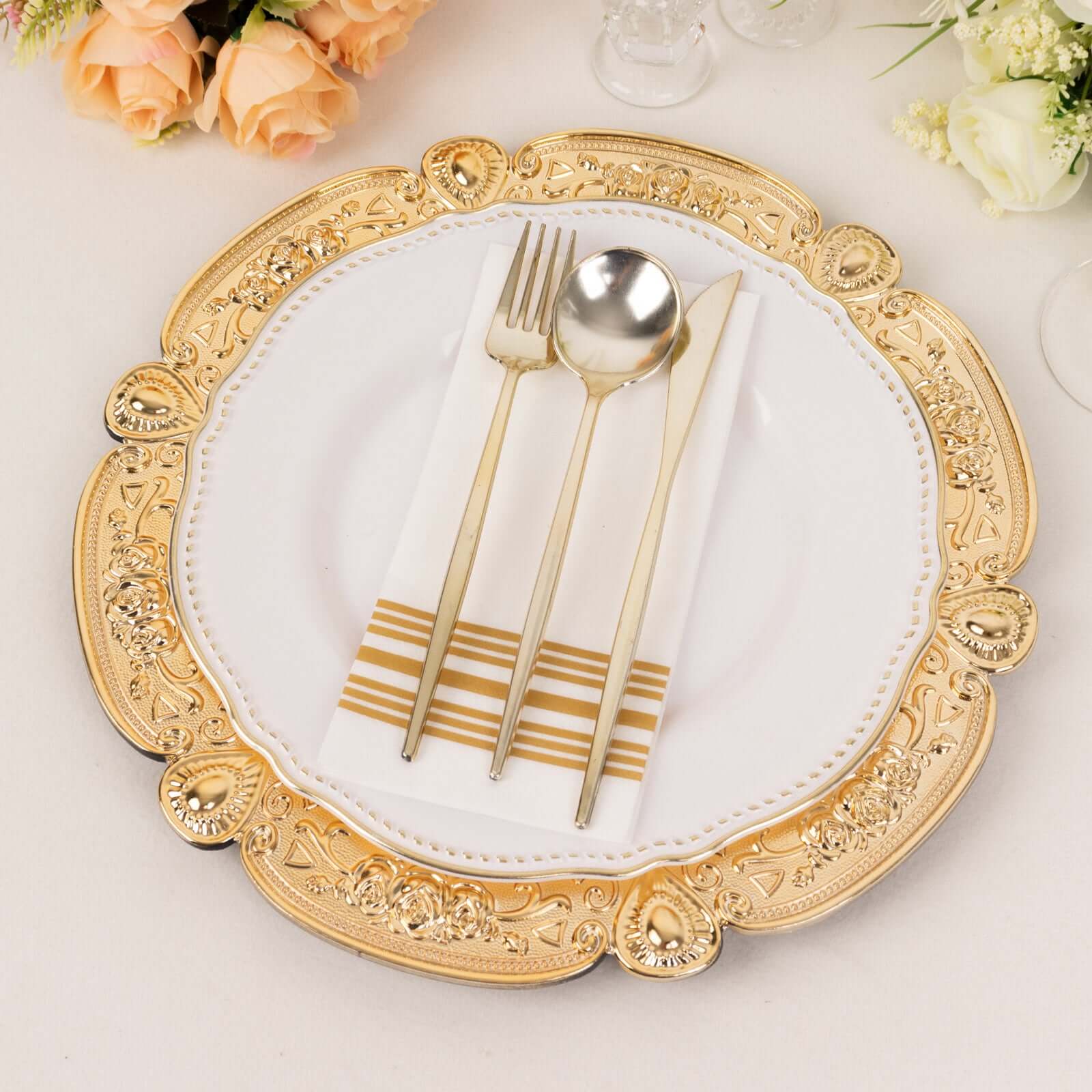 6-Pack Acrylic Charger Plates 13" Round Gold Floral Embossed with Scalloped Rim - Plastic Decorative Charger Tableware - Image 2