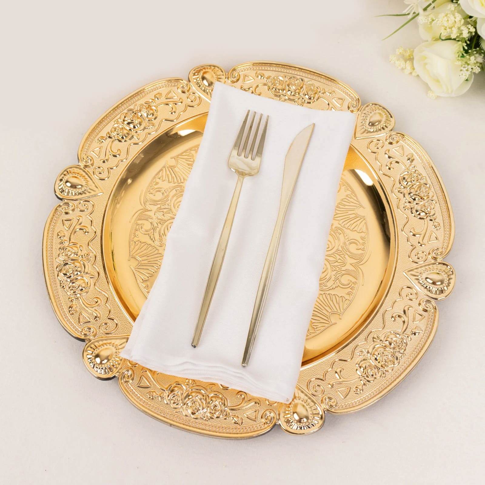 6-Pack Acrylic Charger Plates 13" Round Gold Floral Embossed with Scalloped Rim - Plastic Decorative Charger Tableware - Image 4